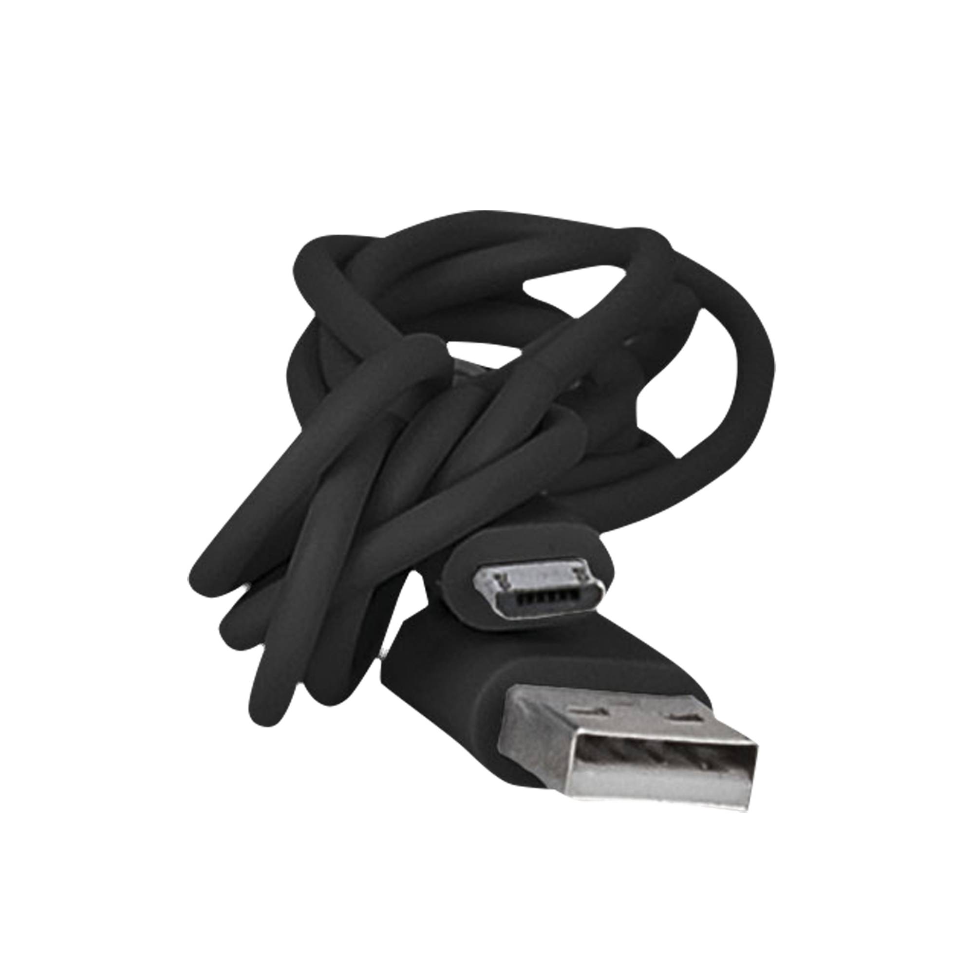 Ein verwickeltes Micro-USB-Kabel vor schwarzem Hintergrund, das sowohl die USB- als auch die Micro-USB-Stecker deutlich zeigt.