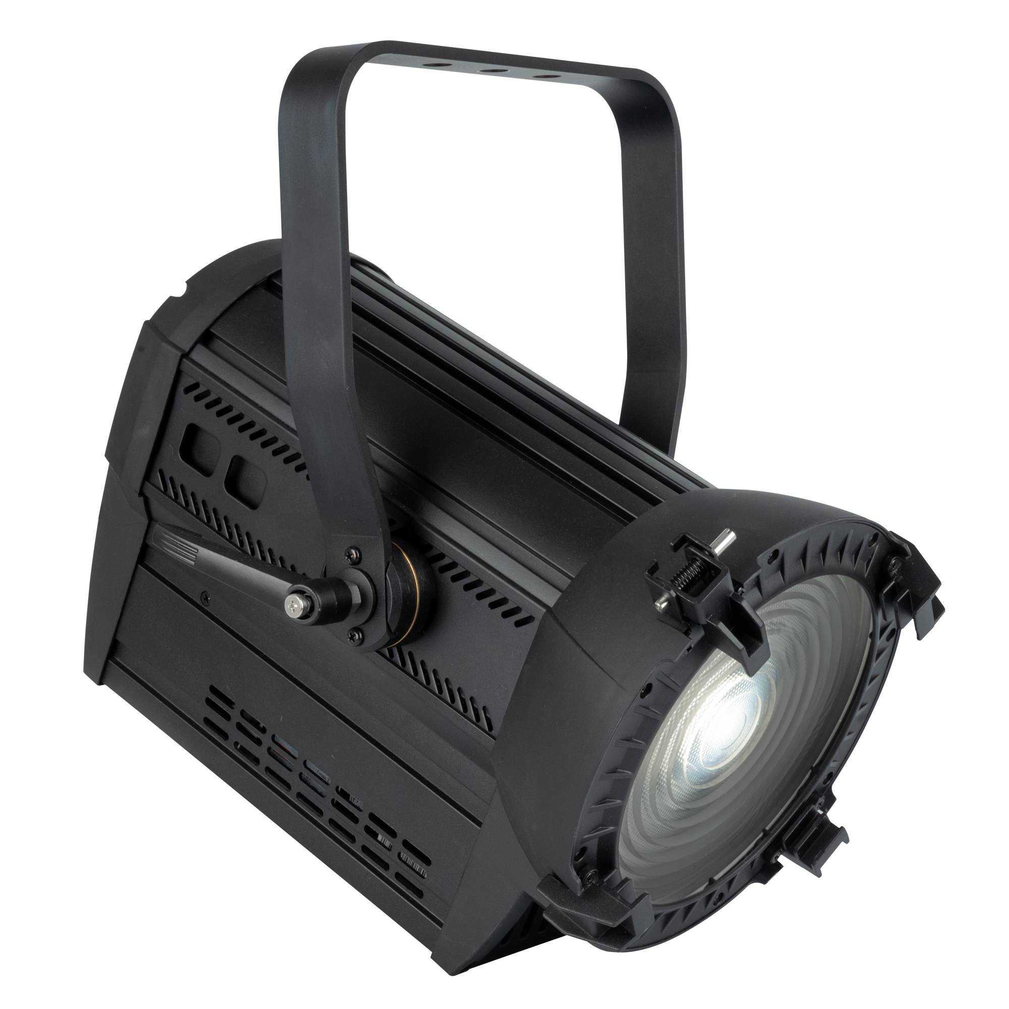 Ein schwarzes LED-Bühnenlicht mit einem Griff, das einen hellen Strahl wirft, vor einem dunklen Hintergrund.
