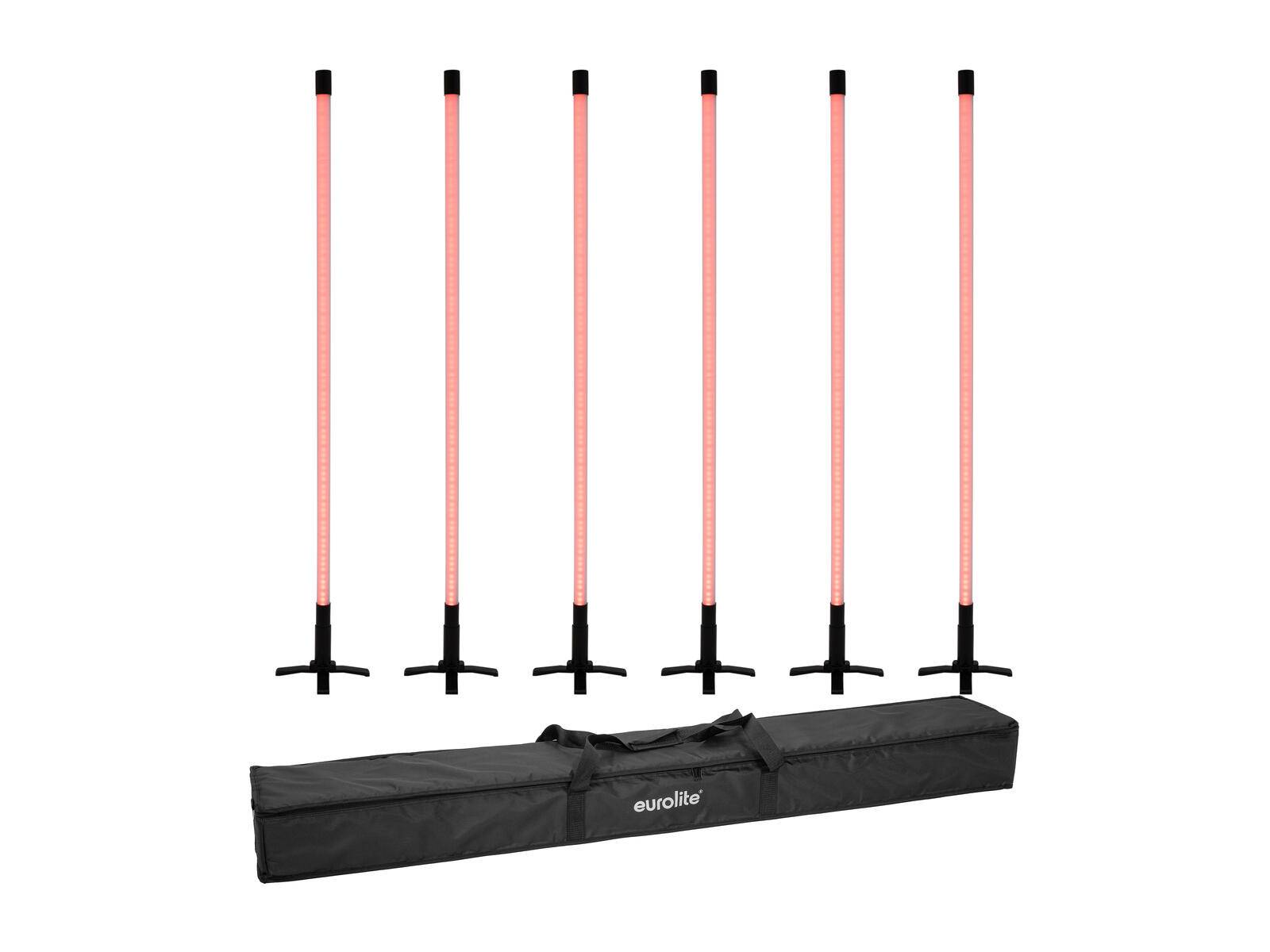 Sechs rote LED-Stäbe mit Ständern, in einer Reihe angeordnet, über einer schwarzen Transporttasche mit der Aufschrift „eurolite