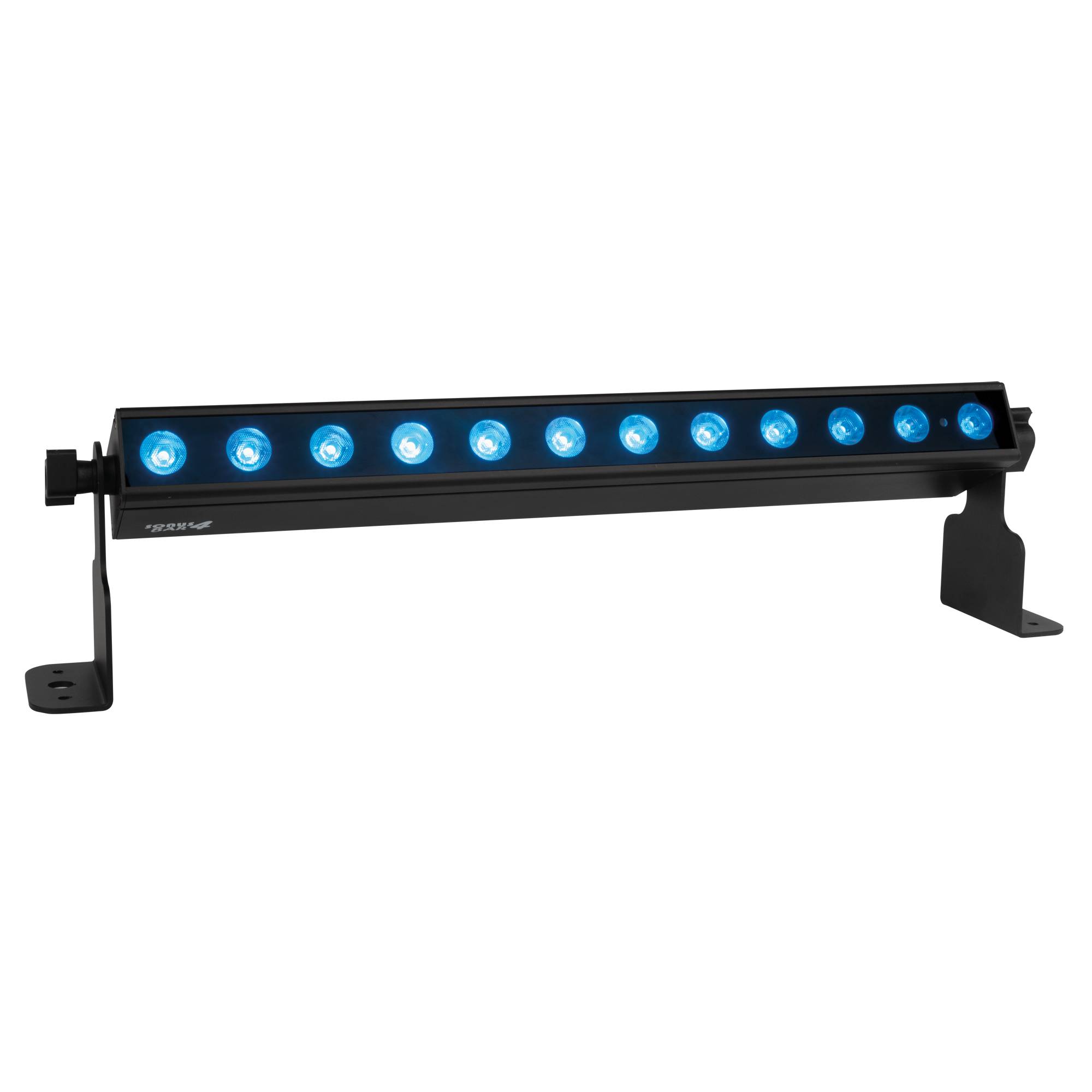 Eine schwarze LED-Lichtleiste mit 12 gleichmäßig verteilten blauen LEDs, die auf einem schwarzen Ständer vor einem schwarzen Hintergrund montiert ist.