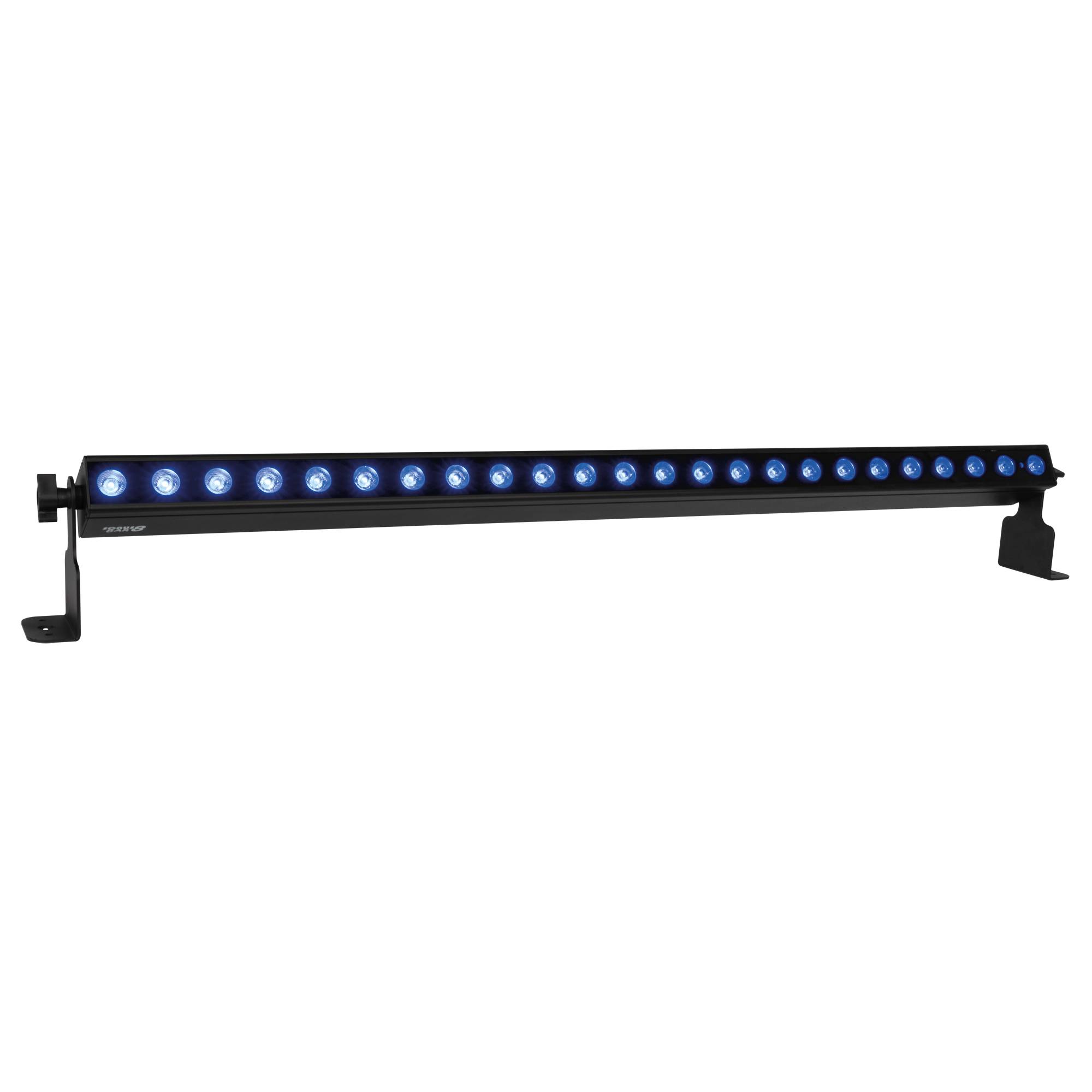 Eine lange, schwarze LED-Leuchtenleiste mit mehreren blauem Lichtern, die gleichmäßig über ihre gesamte Länge verteilt sind, vor einem schwarzen Hintergrund.