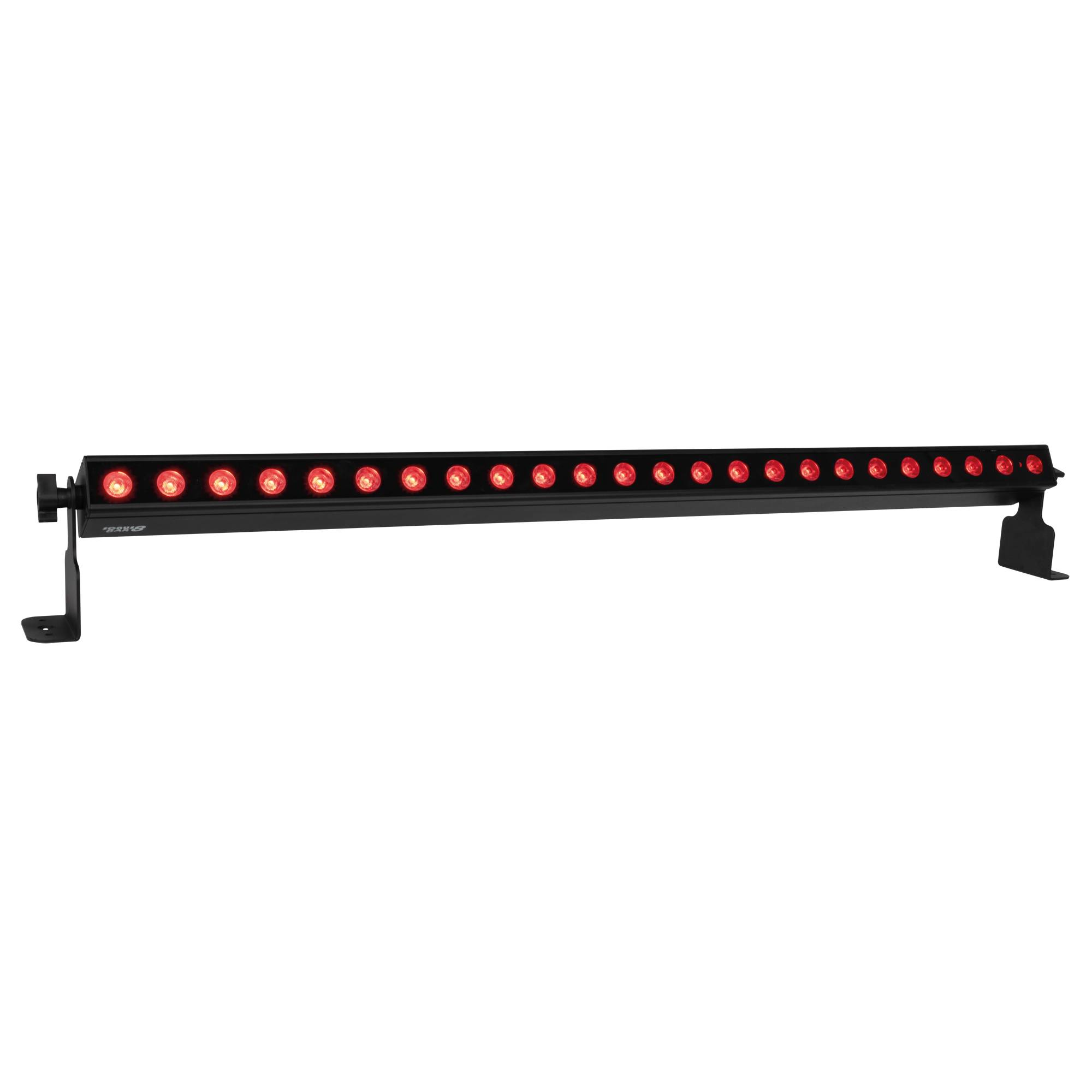 LED-Leuchtenleiste mit 20 roten Glühbirnen, die horizontal auf schwarzem Hintergrund angeordnet sind, wird für Bühnenlichteffekte oder Dekoration verwendet.
