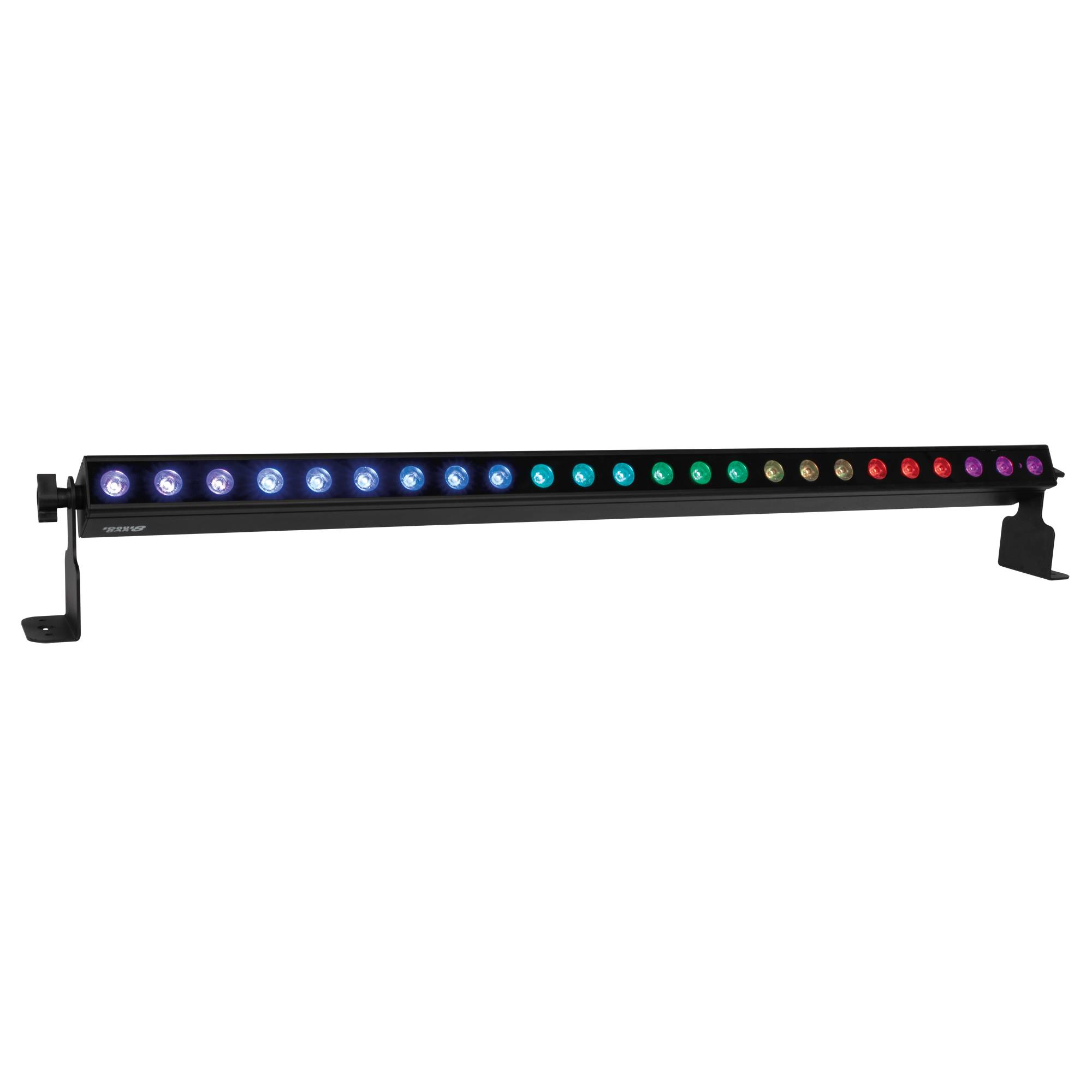 LED-Lichtleiste mit 24 mehrfarbigen Leuchten in einer Reihe angeordnet, vor schwarzem Hintergrund. Farben wechseln von Blau zu Rot.