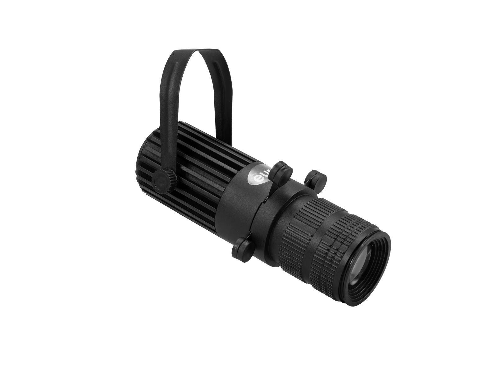 Ein schwarzer Strahler mit verstellbarem Griff und Fokussierring, entwickelt für präzise Lichtkontrolle in Theater- oder Fotografie-Anwendungen.