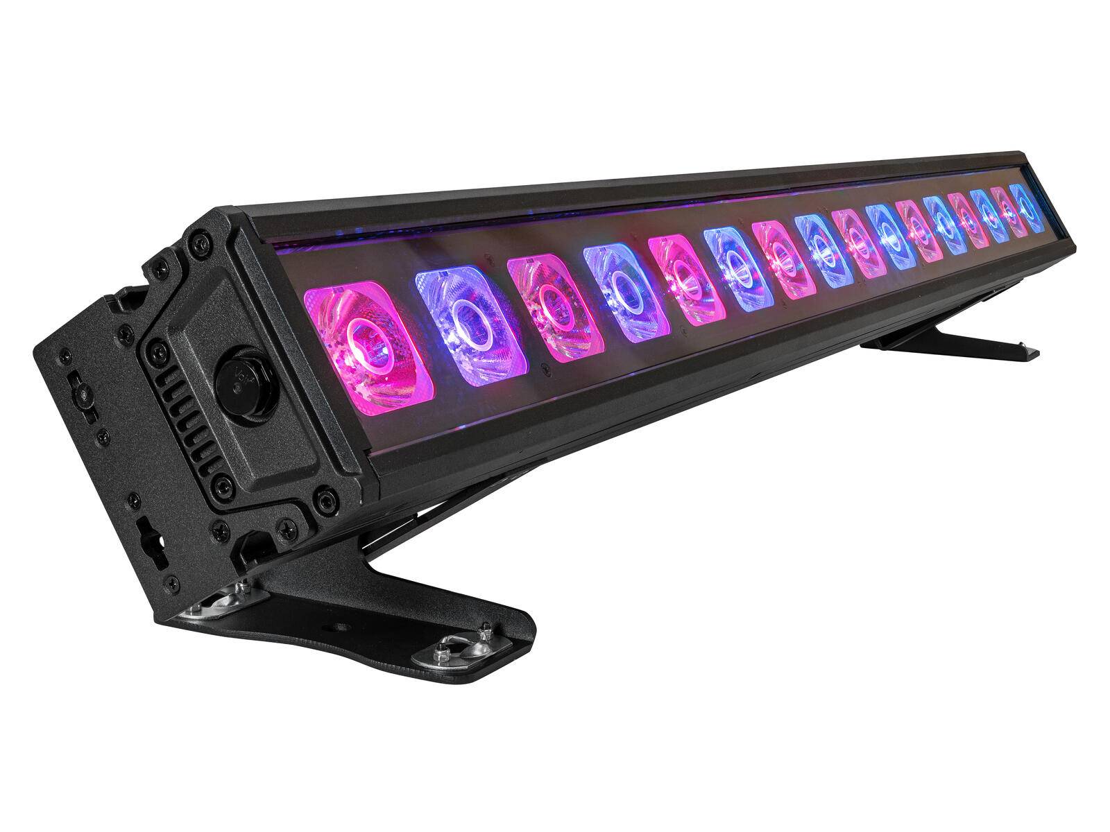 Eine schwarze LED-Leuchtenleiste mit einer Reihe abwechselnder roter und blauer Lichter, montiert auf einer verstellbaren Halterung.