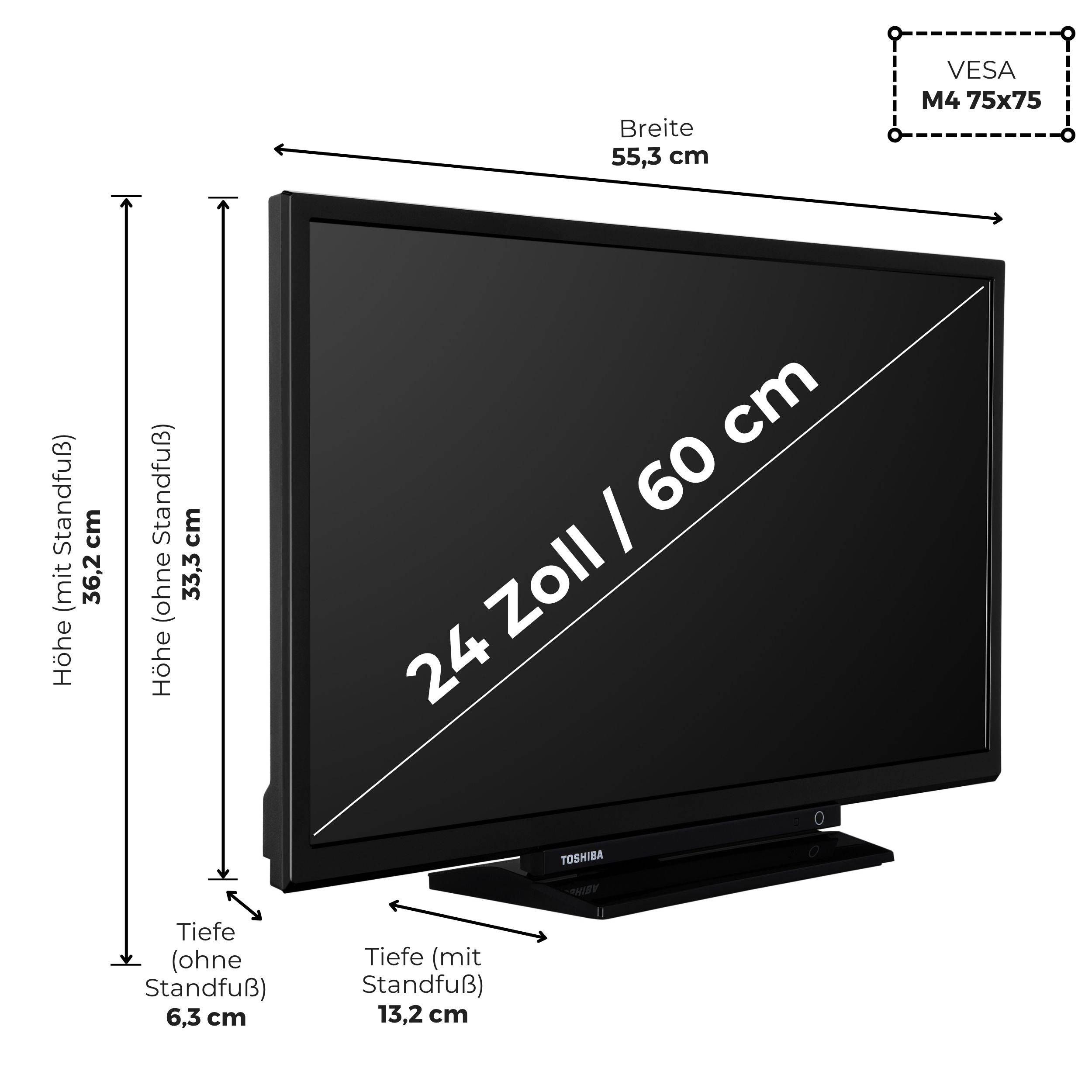 Toshiba Fernseher 24 Zoll Smart TV VIDAA HD-ready Fernseher HDR Smart TV mit Triple-Tuner, LED TV