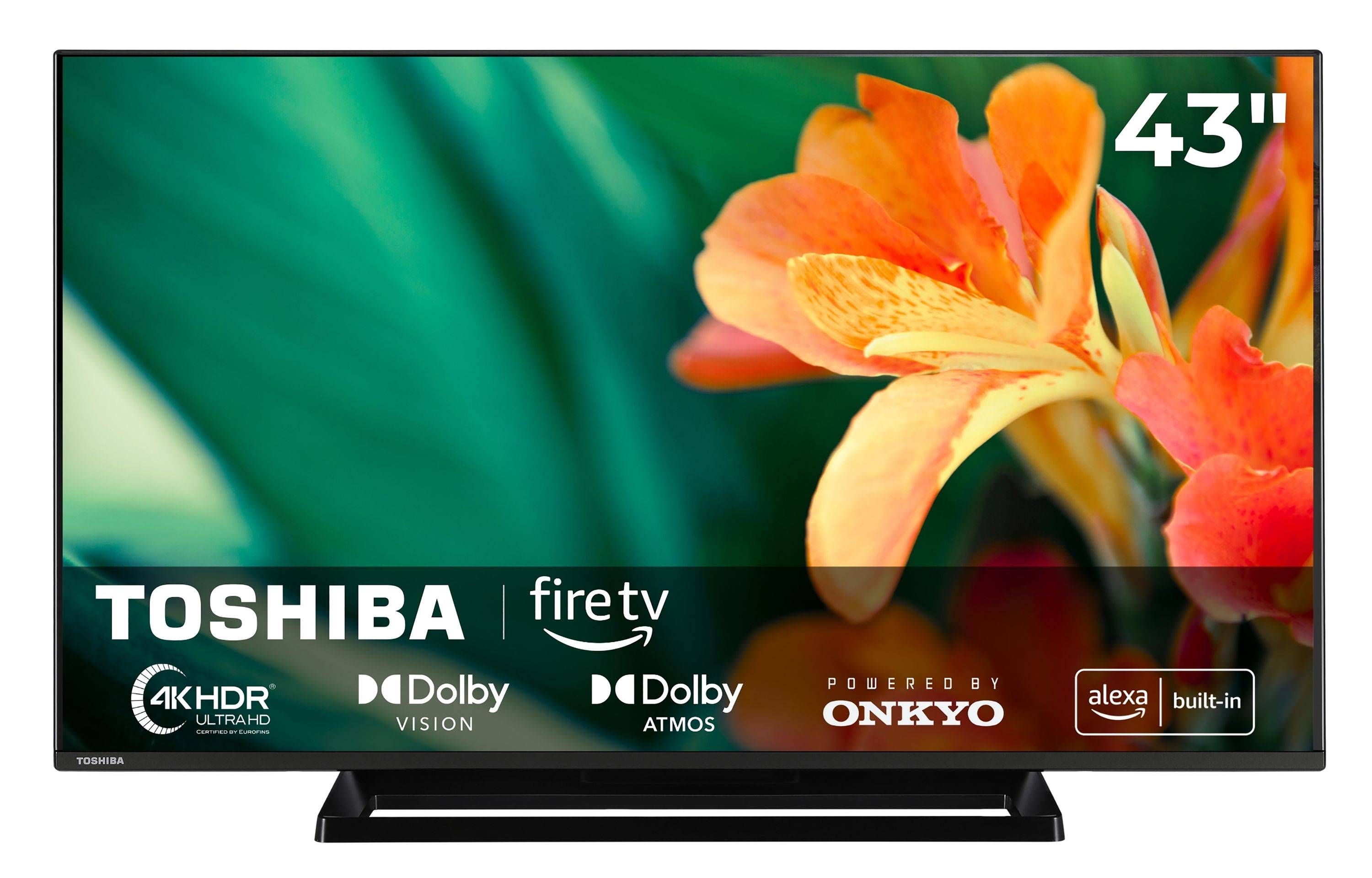 Ein TOSHIBA-Fernseher mit Fire TV, Dolby Vision, Dolby Atmos und Onkyo-Funktionen wird angezeigt. Eine orange Blume wird auf dem Bildschirm gezeigt.