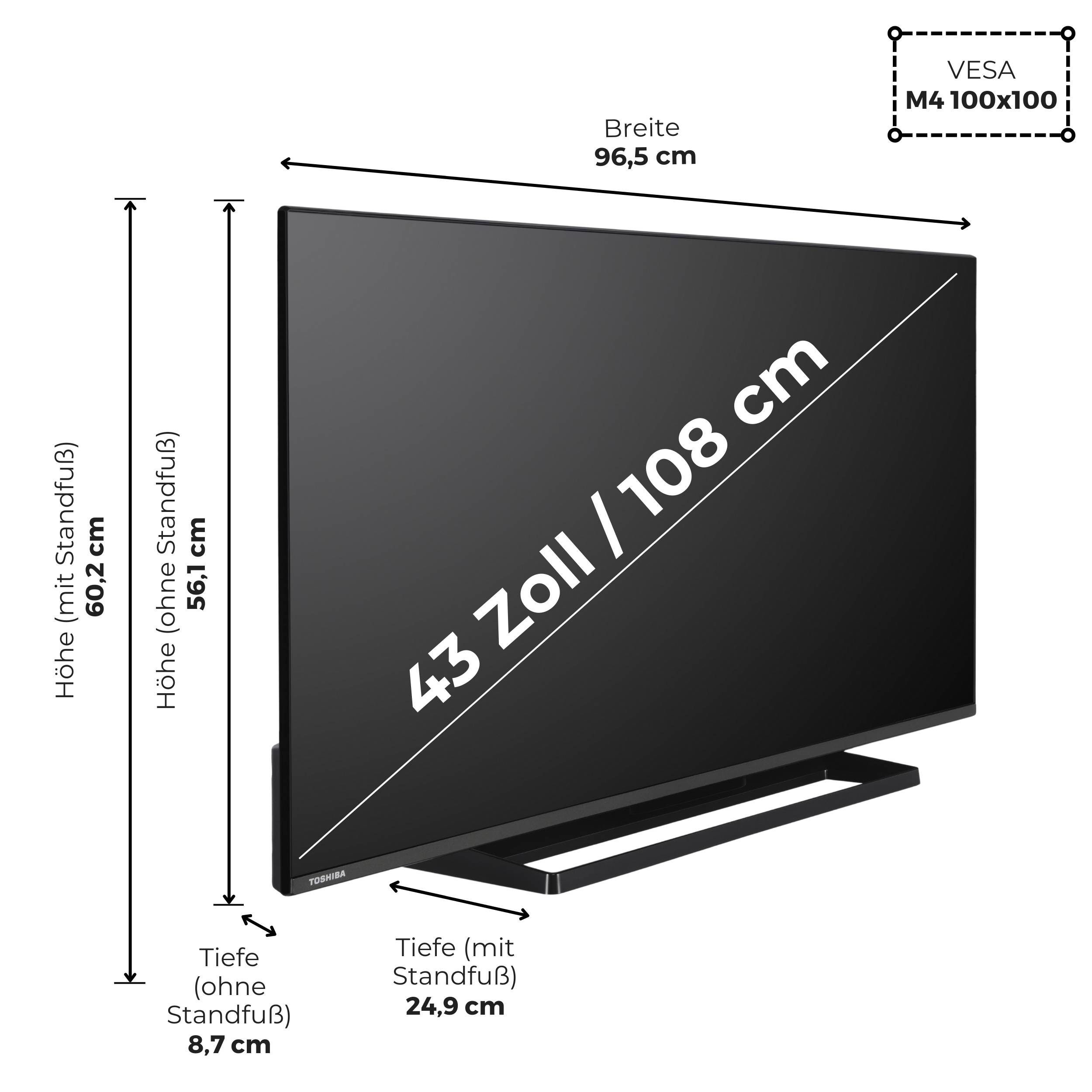 Ein schwarzer Flachbildfernseher mit 43 Zoll Diagonale. Abmessungen: 96,5 cm breit, 60,2 cm hoch mit Standfuß, 24,9 cm tief mit Standfuß.