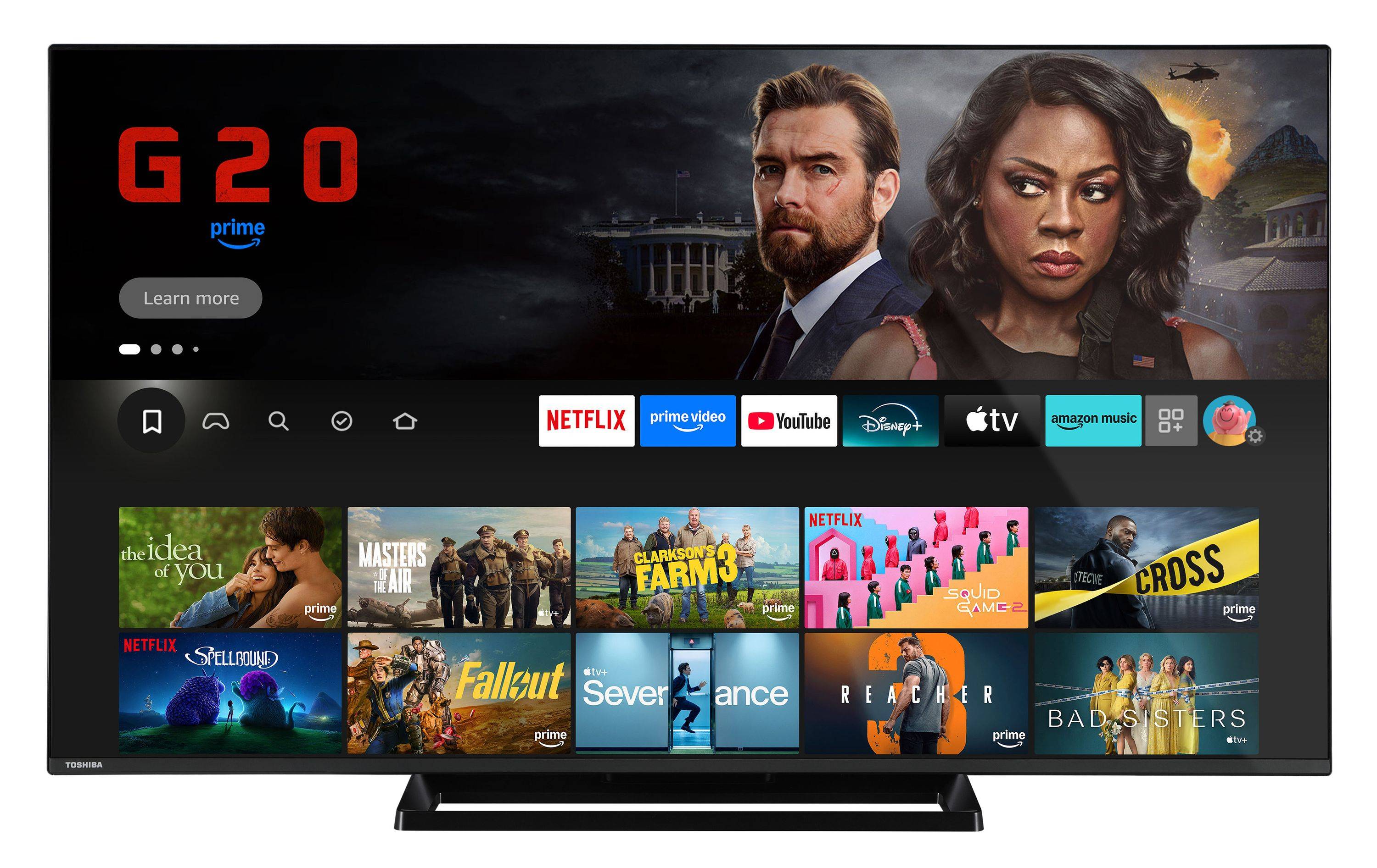 Ein Smart-TV-Interface zeigt Streaming-Apps wie Netflix, Prime Video und Disney+. Eine hervorgehobene Serie zeigt zwei Charaktere vor dem Weißen Haus.
