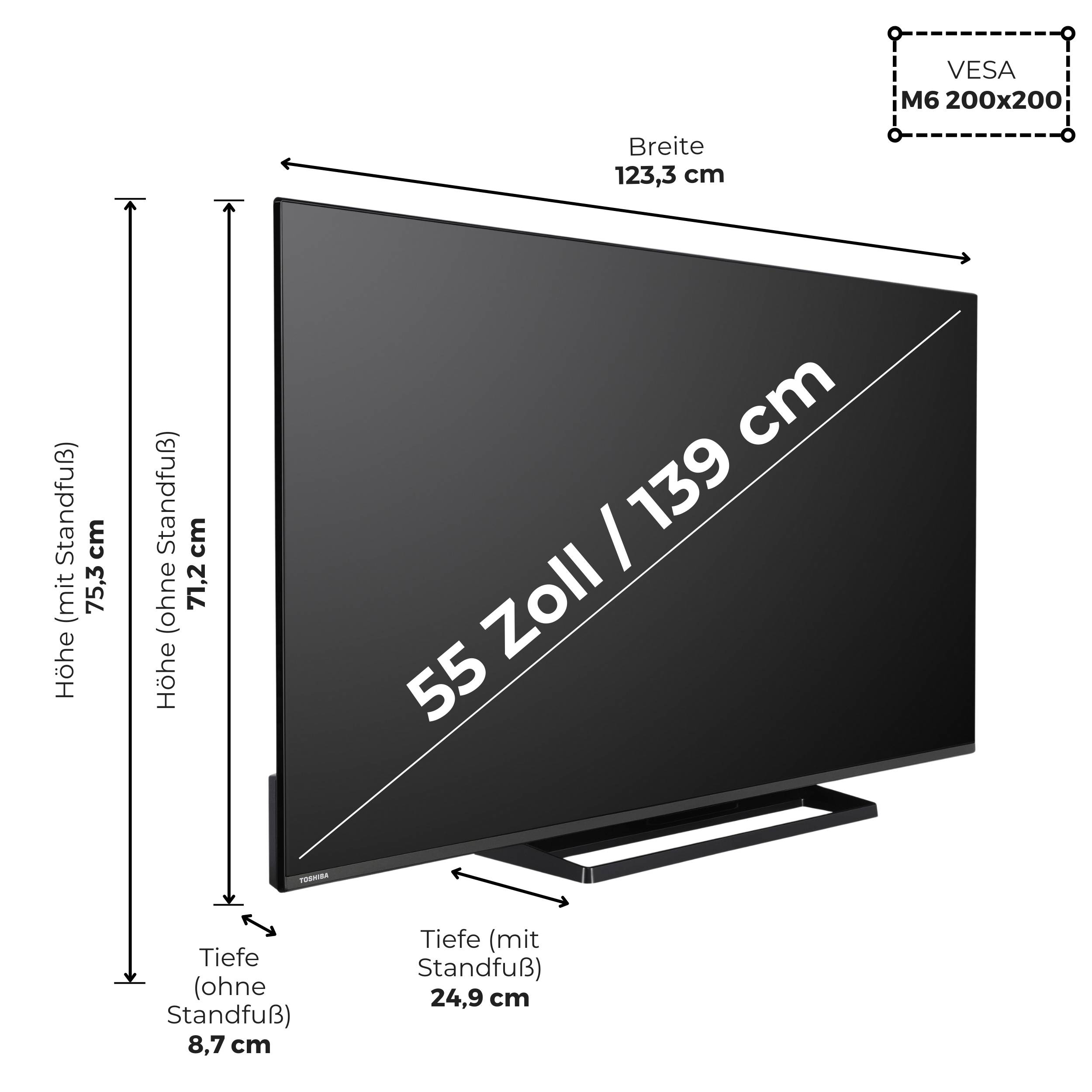 55 Zoll / 139 cm Fernseh-Abmessungen im Detail: Höhe 77,3 cm, Breite 123,3 cm, Tiefe 24,9 cm (mit Ständer), 8,7 cm (ohne Ständer). VESA 200x200.
