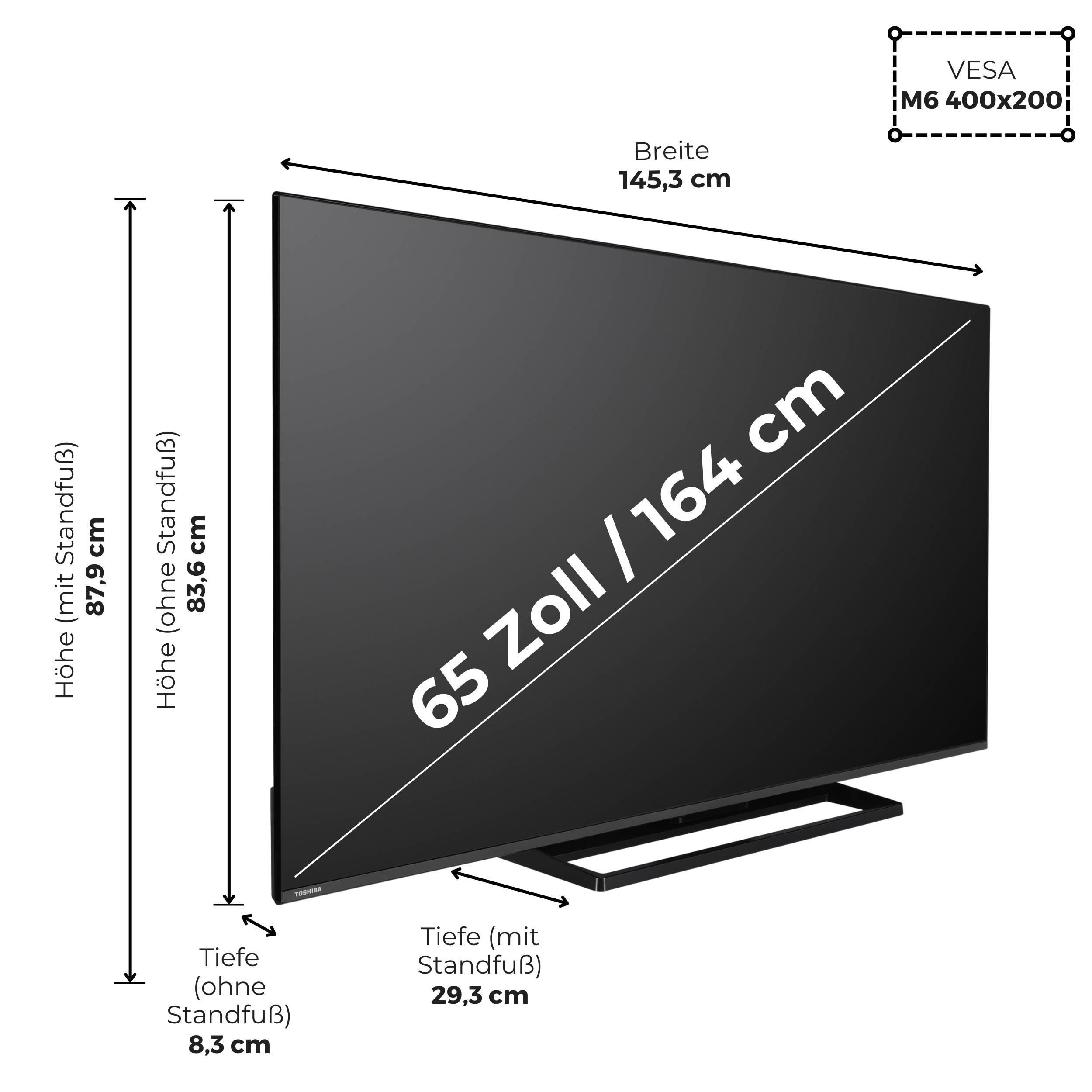 Ein 65-Zoll-Fernseher mit den folgenden Bildschirmdimensionen: Breite 145,3 cm, Höhe mit Standfuß 87,9 cm, Höhe ohne Standfuß 83,6 cm, Tiefe mit Standfuß 29,3 cm, Tiefe ohne Standfuß 8,3 cm. VESA 400x200.
