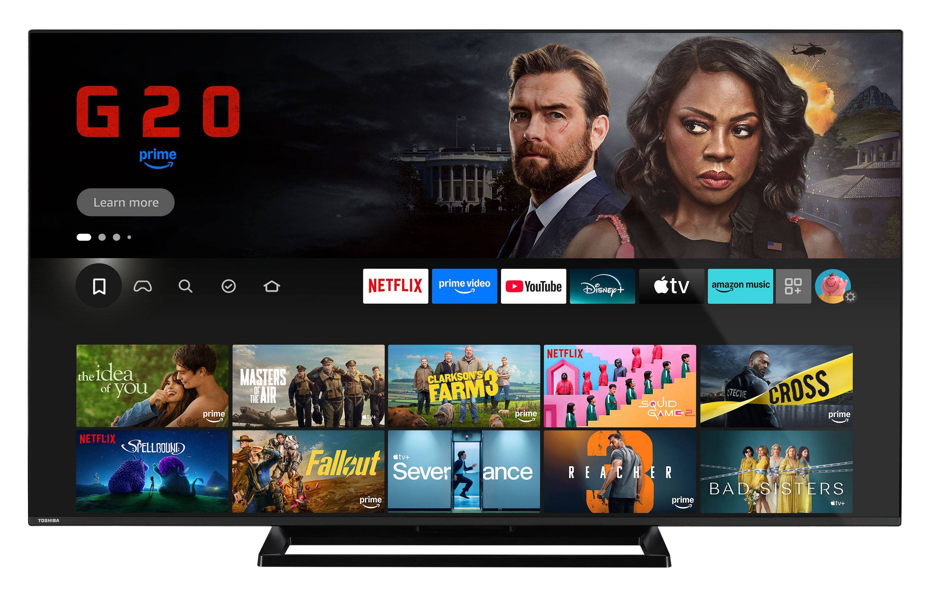 Ein Fernsehbildschirm zeigt eine Auswahl von Streaming-Diensten an, darunter Netflix, Prime Video, YouTube und andere, mit Show-Miniaturen.