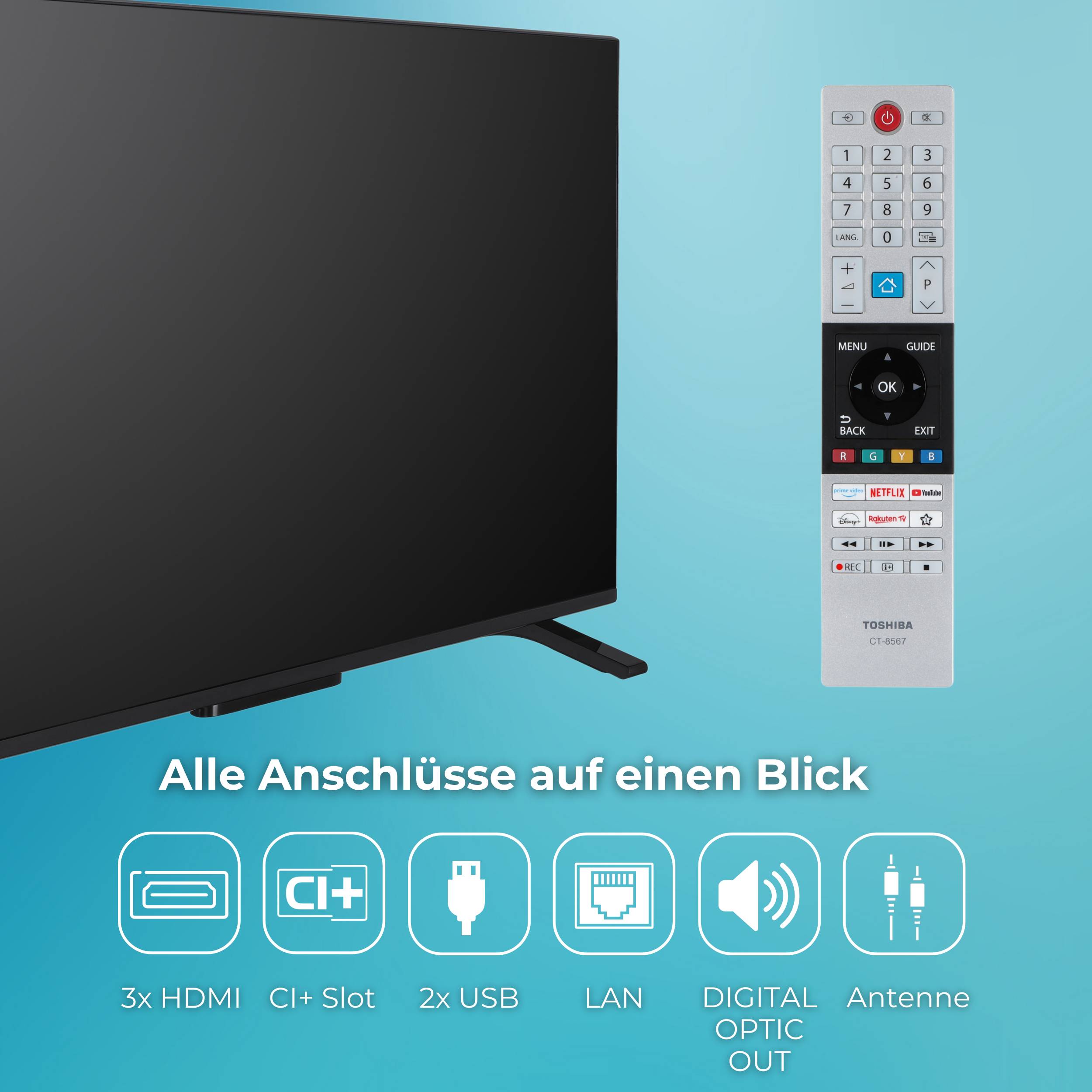 Ein Flachbildfernseher mit einer Fernbedienung daneben auf blauem Hintergrund. Darunter befinden sich Symbole und Text auf Deutsch: „Alle Anschlüsse auf einen Blick