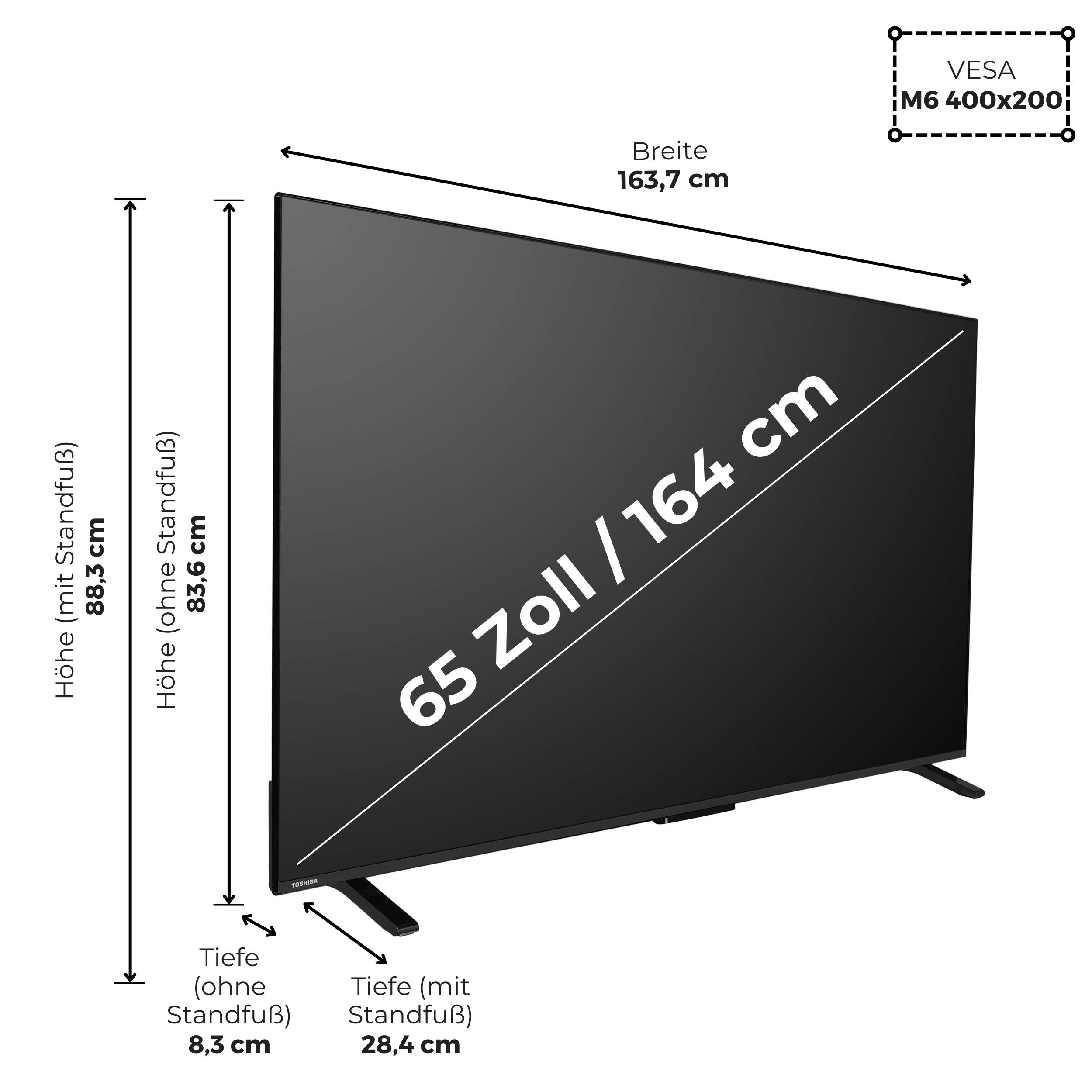 Flachbildschirm-TV-Abmessungen: Breite 163,7 cm, Höhe mit Ständer 88,5 cm, Tiefe mit Ständer 28,4 cm, VESA-Halterung 400x200, 65 Zoll.