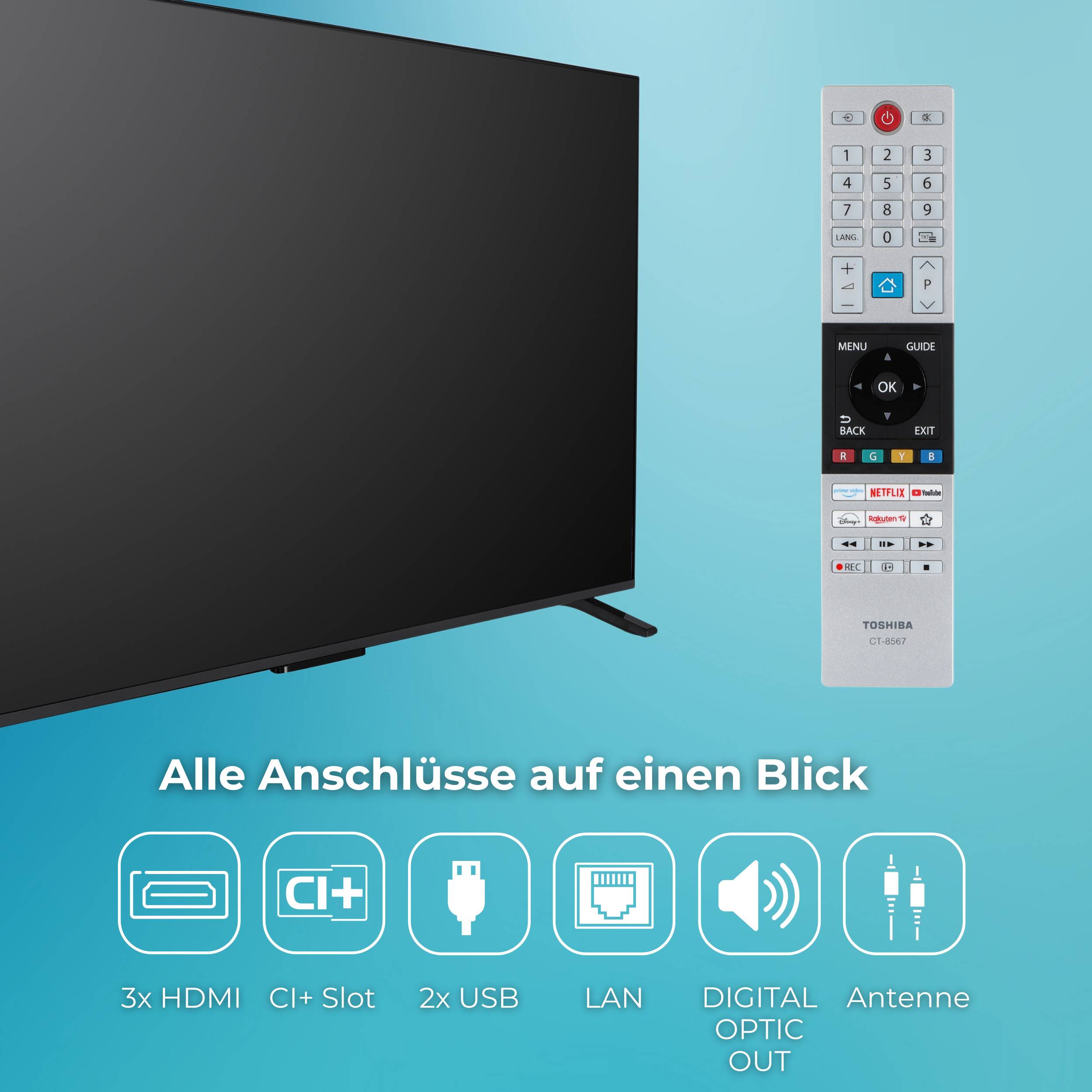 Fernseher mit Fernbedienung. Der Text unten zeigt Anschlussoptionen: '3x HDMI', 'CI+ Slot', '2x USB', 'LAN', 'Digitaler optischer Ausgang', 'Antenne'.