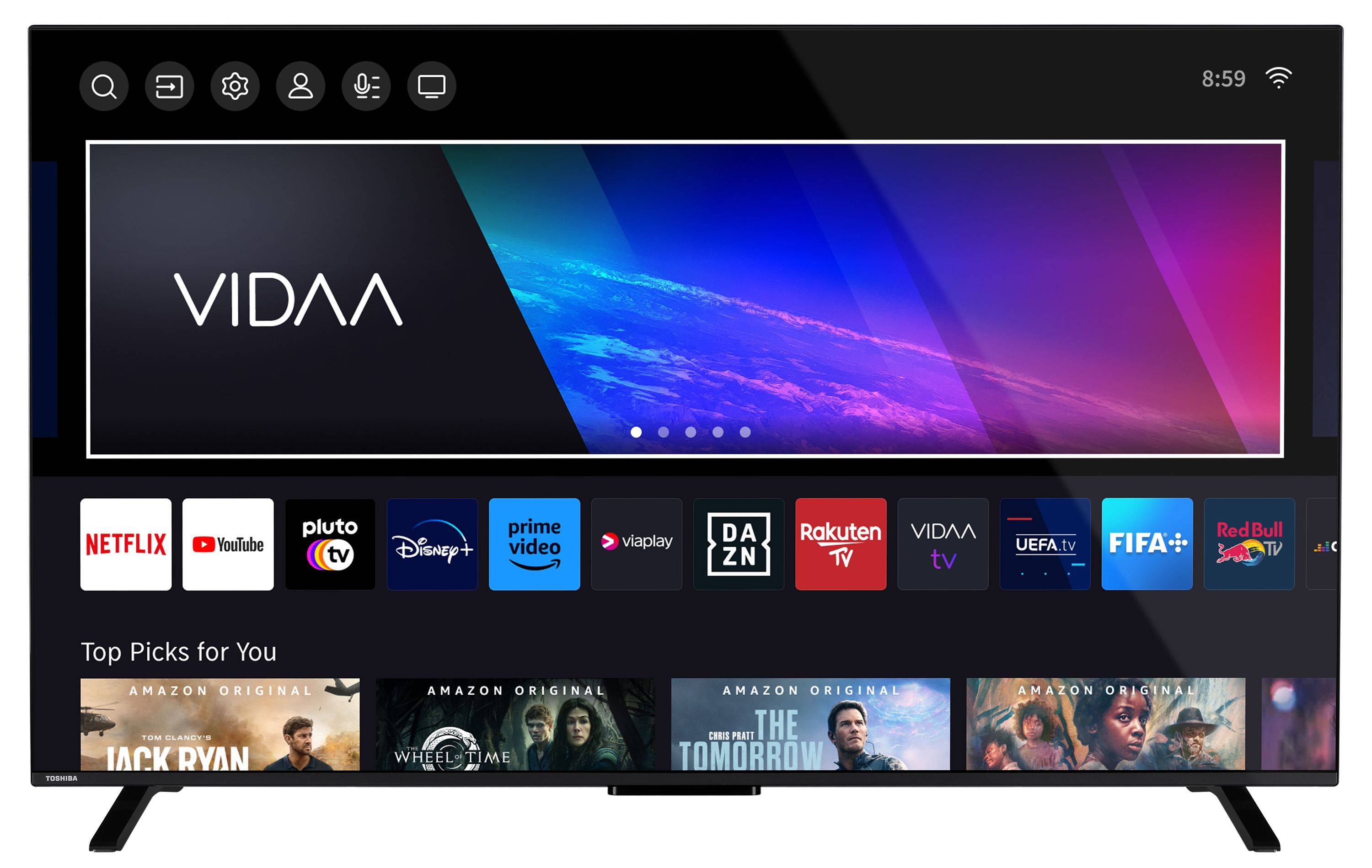 Smart-TV-Benutzeroberfläche mit mehreren Symbolen von Streaming-Diensten wie Disney+, Prime Video und weiteren auf buntem Hintergrund.