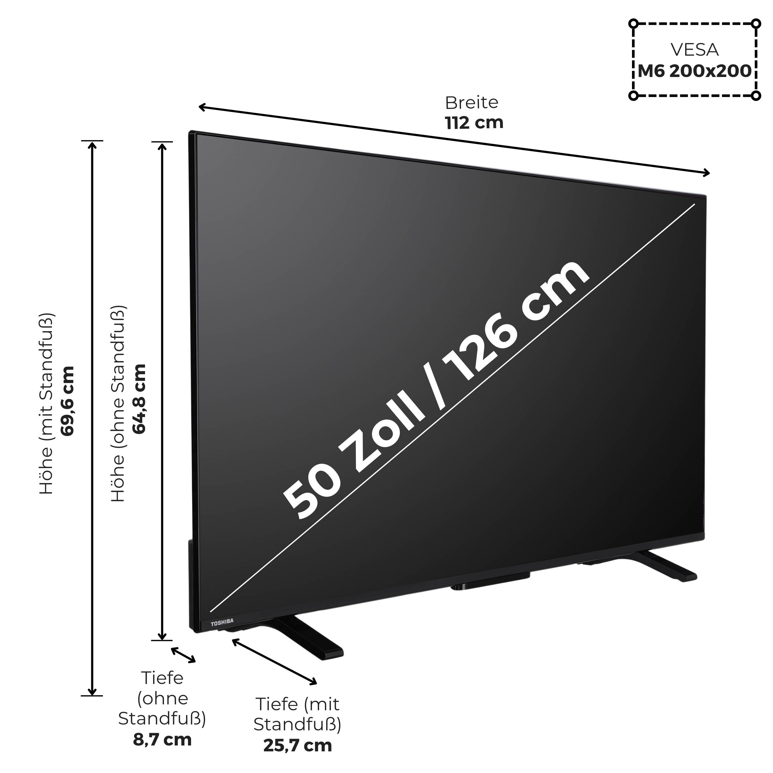 Ein schwarzer Flachbildfernseher mit der Bezeichnung '50 Zoll / 126 cm' mit angegebenen Abmessungen: Breite 112 cm, Höhe mit Standfuß 69,5 cm, Tiefe mit Standfuß 25,7 cm.