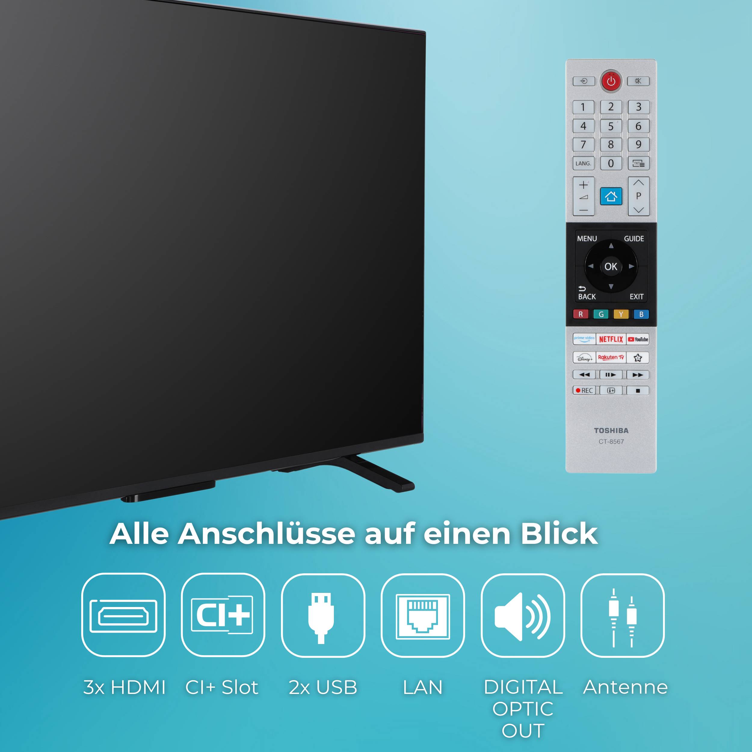 Ein schwarzer Flachbildfernseher mit einer Fernbedienung daneben. Der Text darunter lautet „Alle Anschlüsse auf einen Blick