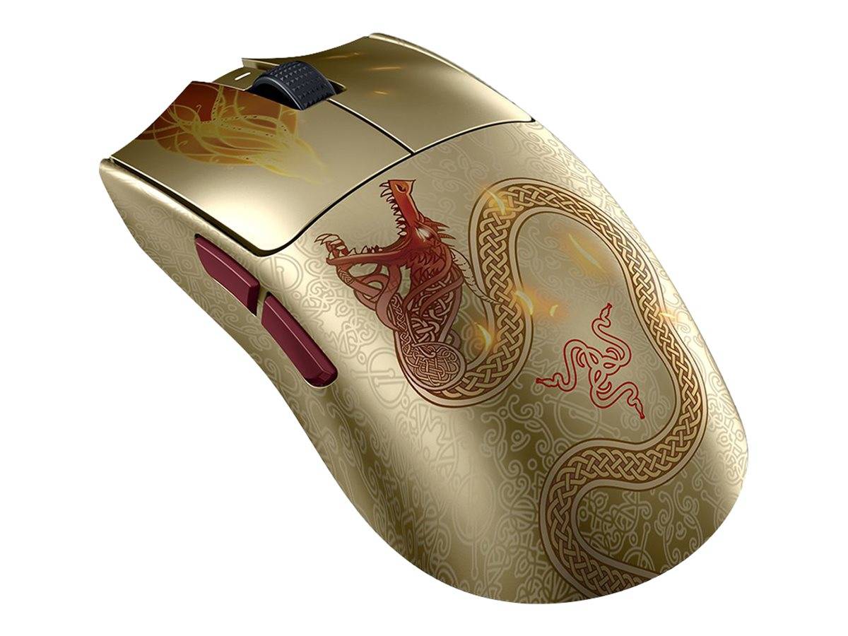 Goldene kabellose Maus mit rotem Drachen und keltischem Dekorationsmuster auf weißem Hintergrund.