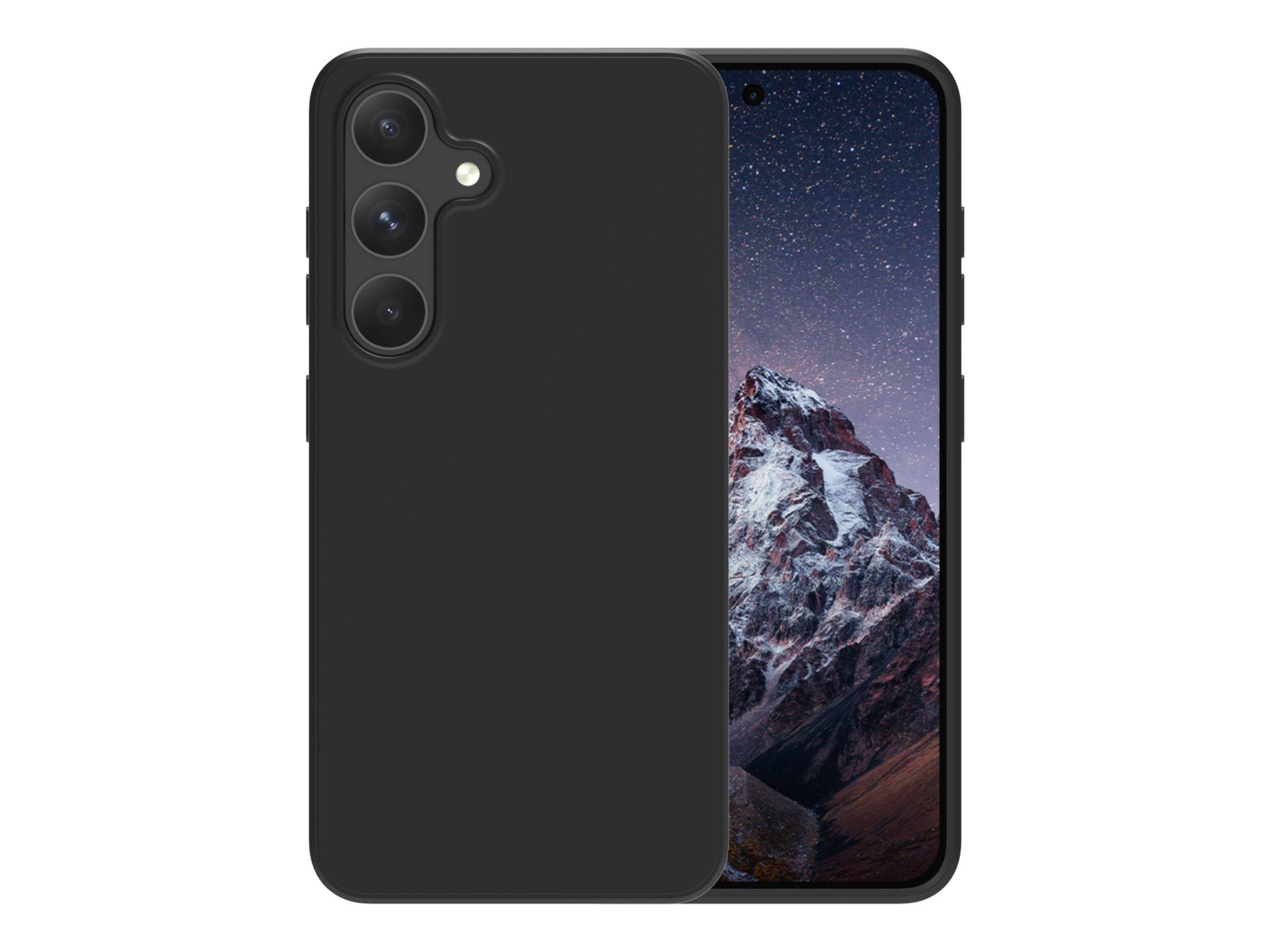Ein schwarzes Smartphone-Case neben einem Smartphone, das einen Berg mit einem Sternenhimmel anzeigt.