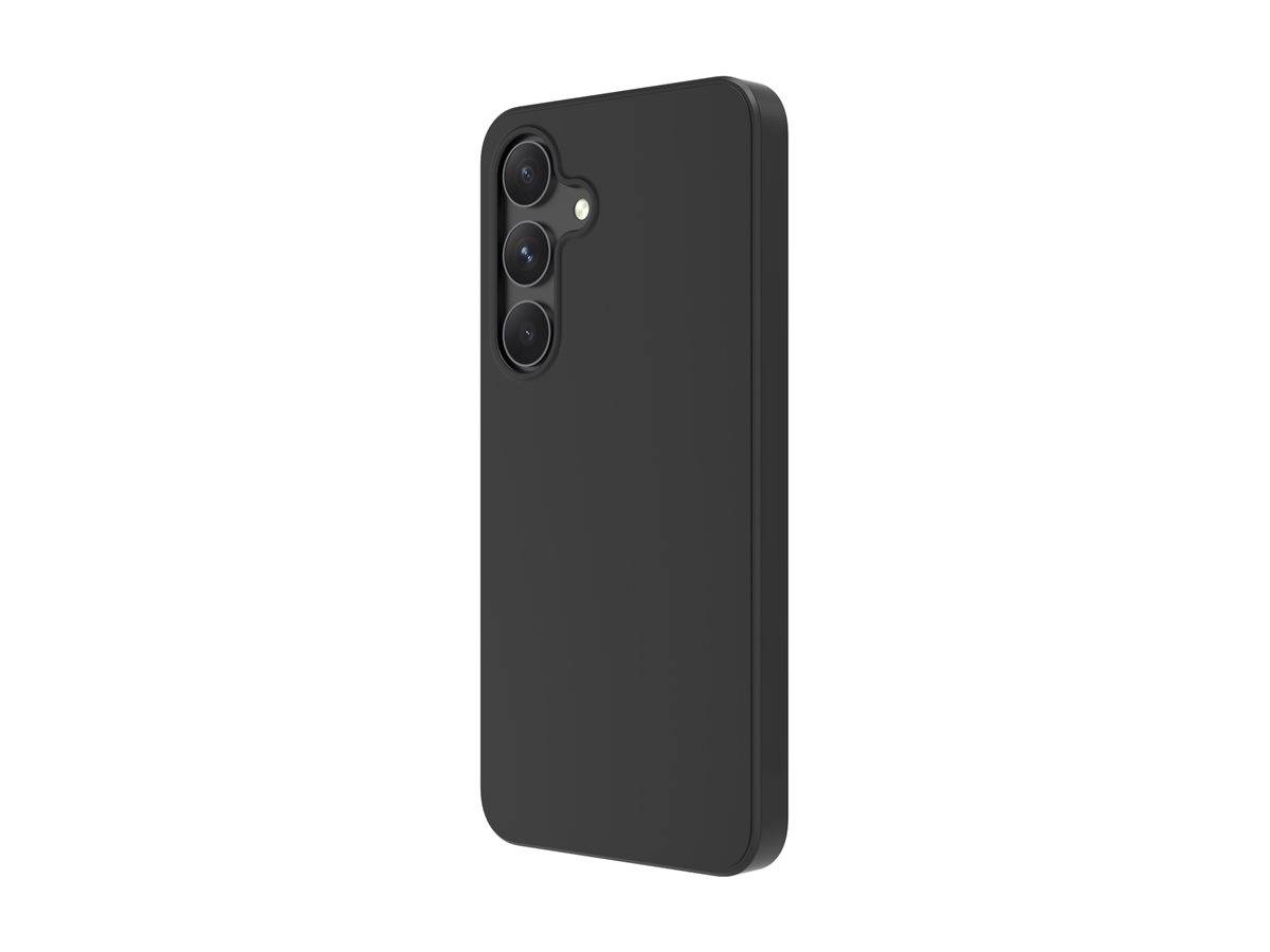 Ein schwarzes Smartphone-Case mit drei Kameraausschnitten, leicht erhöhte Ansicht, die sein elegantes Design und die matte Oberfläche demonstriert.