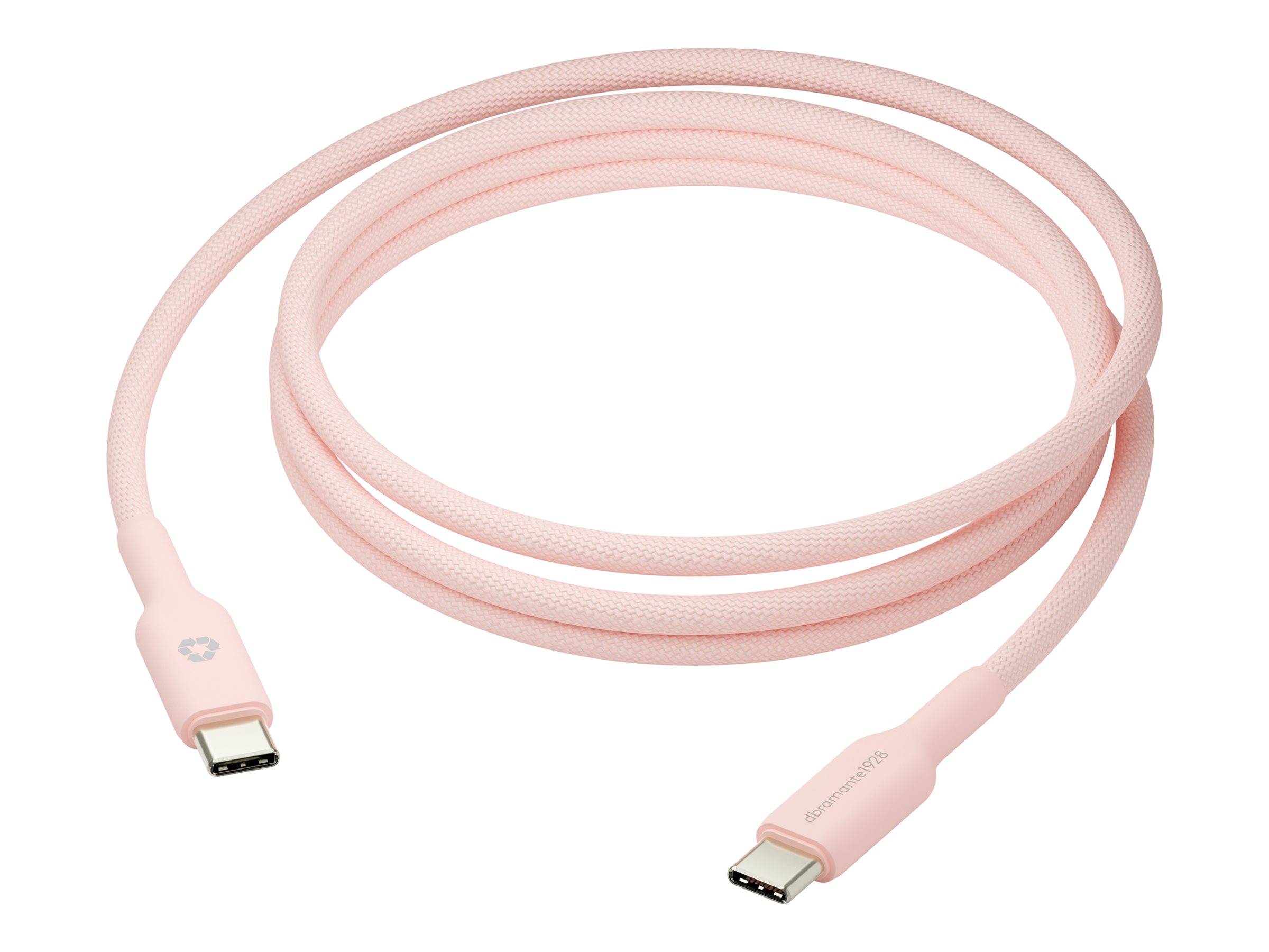 Ein rosa, geflochtenes USB-C-zu-USB-C-Kabel wird gezeigt, das sauber aufgerollt ist.
