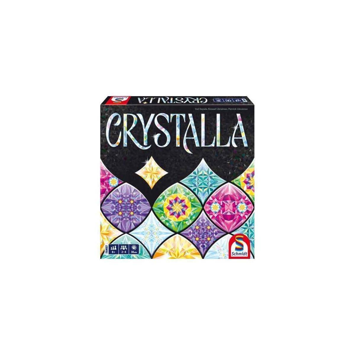CRYSTALLA' Brettspielbox mit bunten geometrischen Kristalldesigns und Symbolen für Alterseignung und Spieleranzahl.