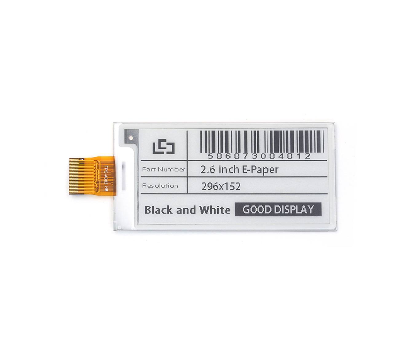 E-Paper-Display, 2,6 Zoll, Auflösung 296x152, Schwarzweiß, von Good Display. Artikelnummer: 5868730842184.