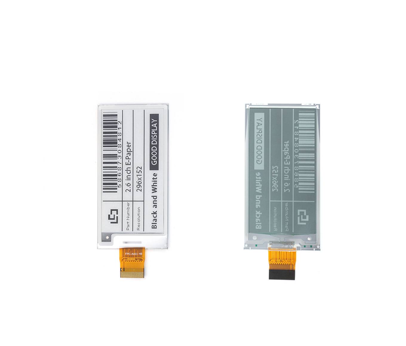 „Zwei 2,9-Zoll-E-Paper-Displays mit Barcode und Text; das linke zeigt „Schwarz und Weiß