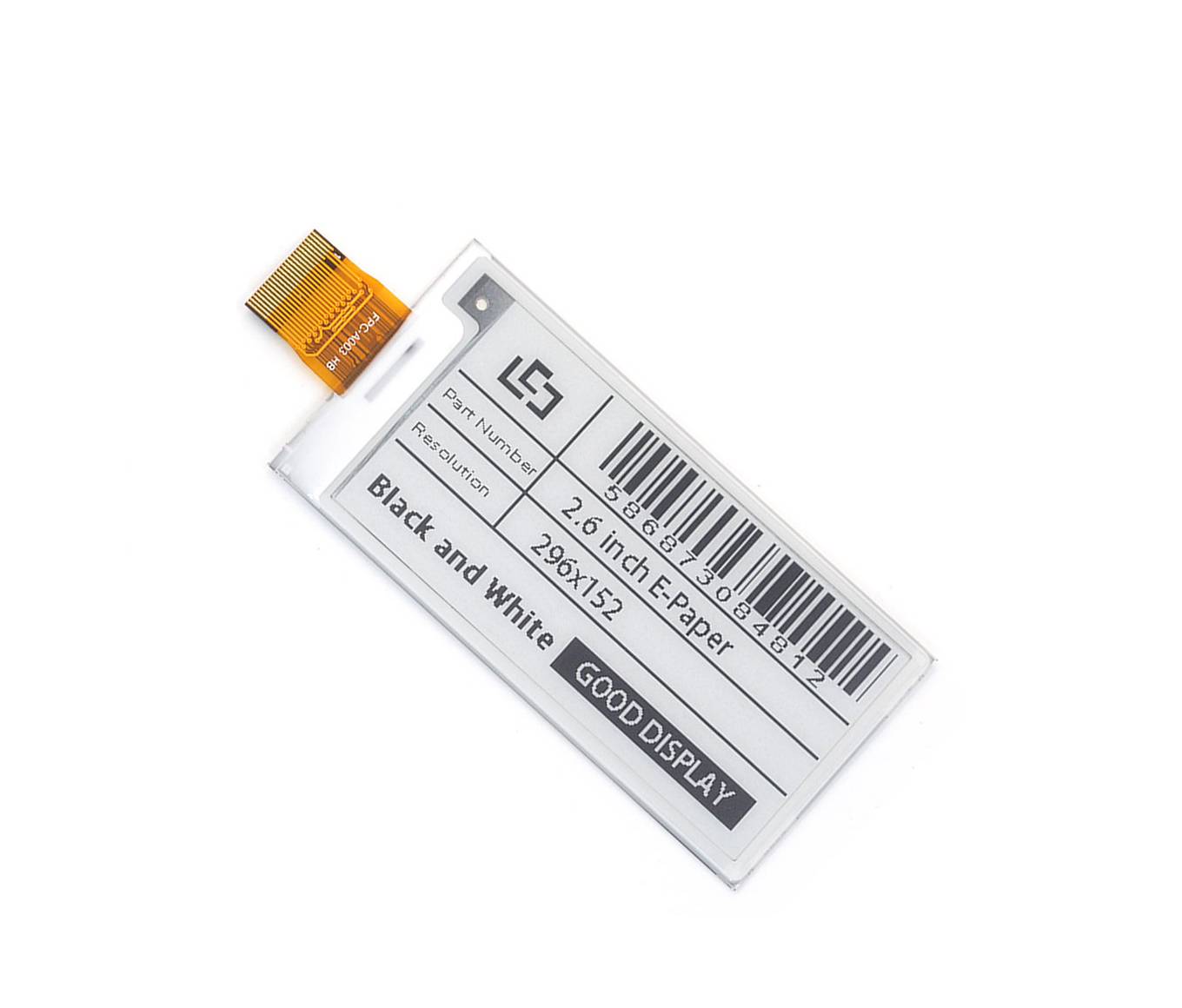 E-Paper-Display, 2,9 Zoll, schwarz-weiß, zeigt Teilenummer, Auflösung 296x152, Barcode und „GOOD DISPLAY