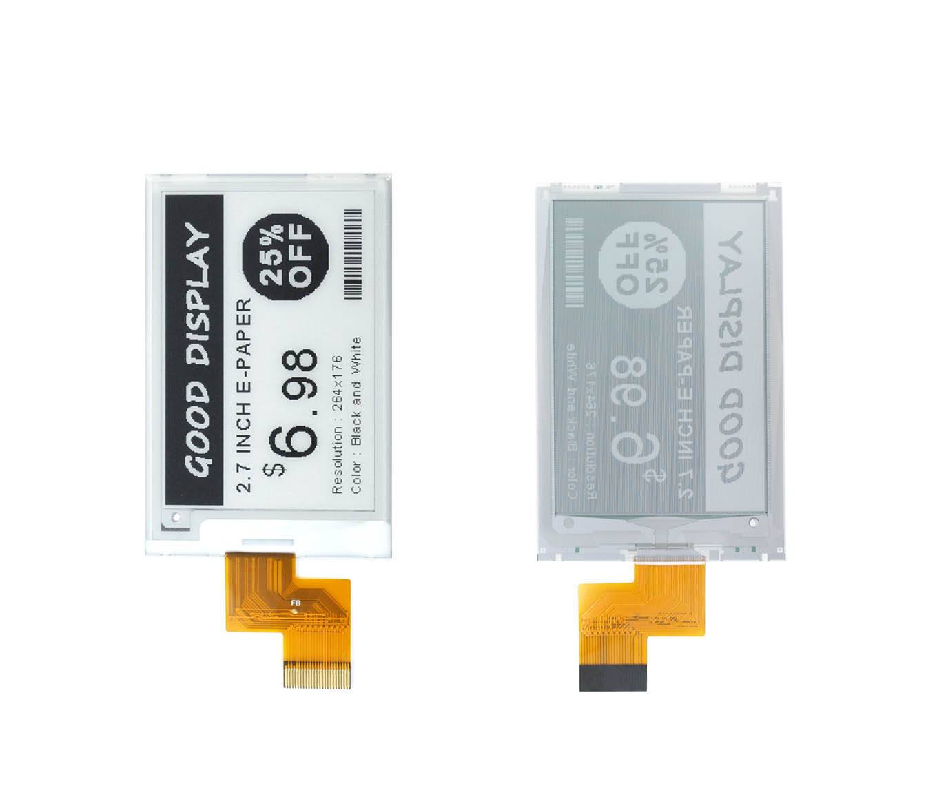 Zwei elektronische Papierdisplays, eines zeigt „6,98 $, 25% Rabatt
