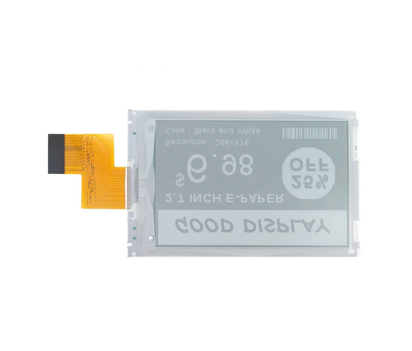 E-Paper-Display mit befestigtem Flachbandkabel, auf dem der Text 