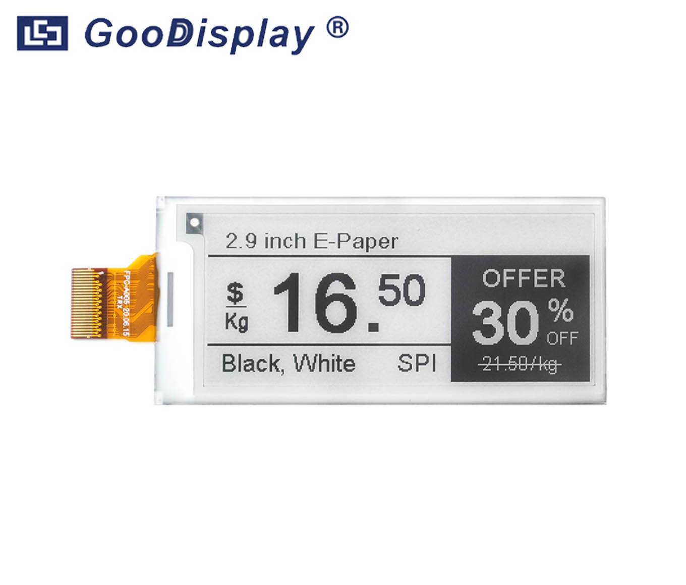 E-Paper-Display zeigt: 2,9-Zoll-E-Paper-Display. Preis: 16,50 $ pro kg für Schwarz. Angebot: 30% Rabatt, jetzt 21,50 $/kg.