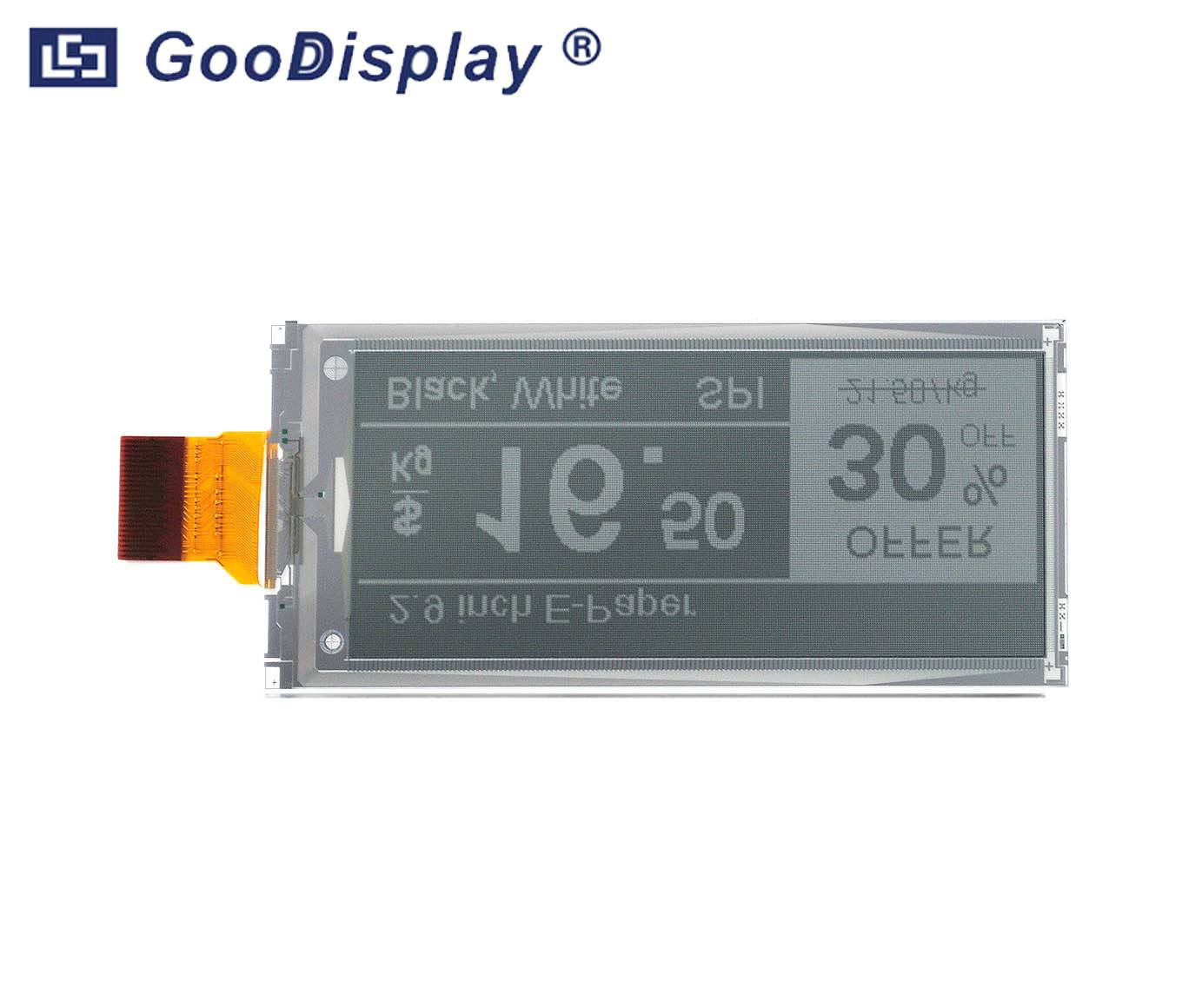 E-Ink-Display mit Text und Zahlen, mit orangefarbenem Stecker an der Seite, oben mit der Marke GoodDisplay gekennzeichnet.