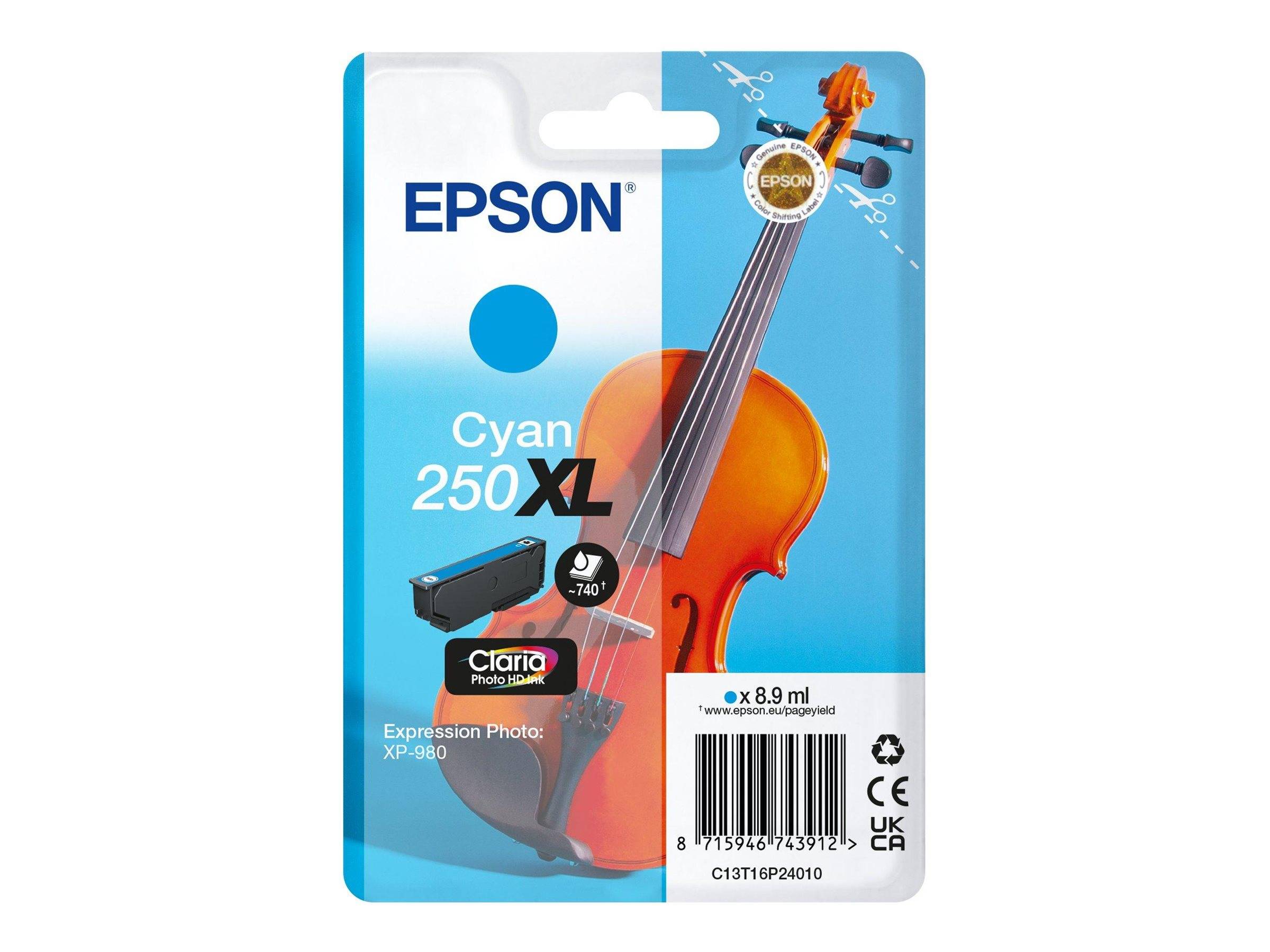 Epson Cyan 250XL Claria Photo HD Tintenpatrone, mit Violinenbild auf der Verpackung und 8,9 ml Kapazität für Expression Photo Drucker.