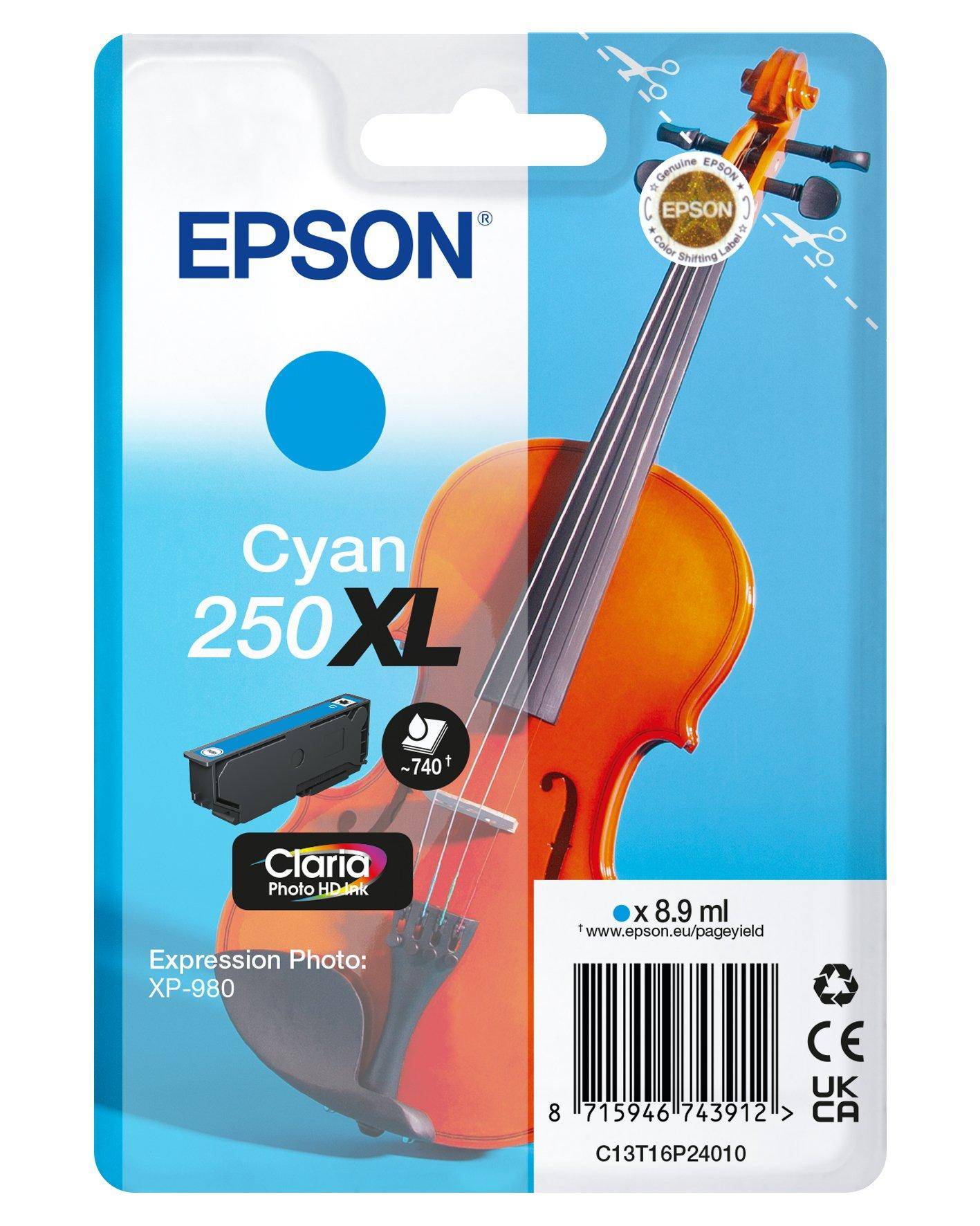 Epson Cyan 250XL Druckertintenne Patrone Verpackung mit Violinen Grafik, gekennzeichnet als 