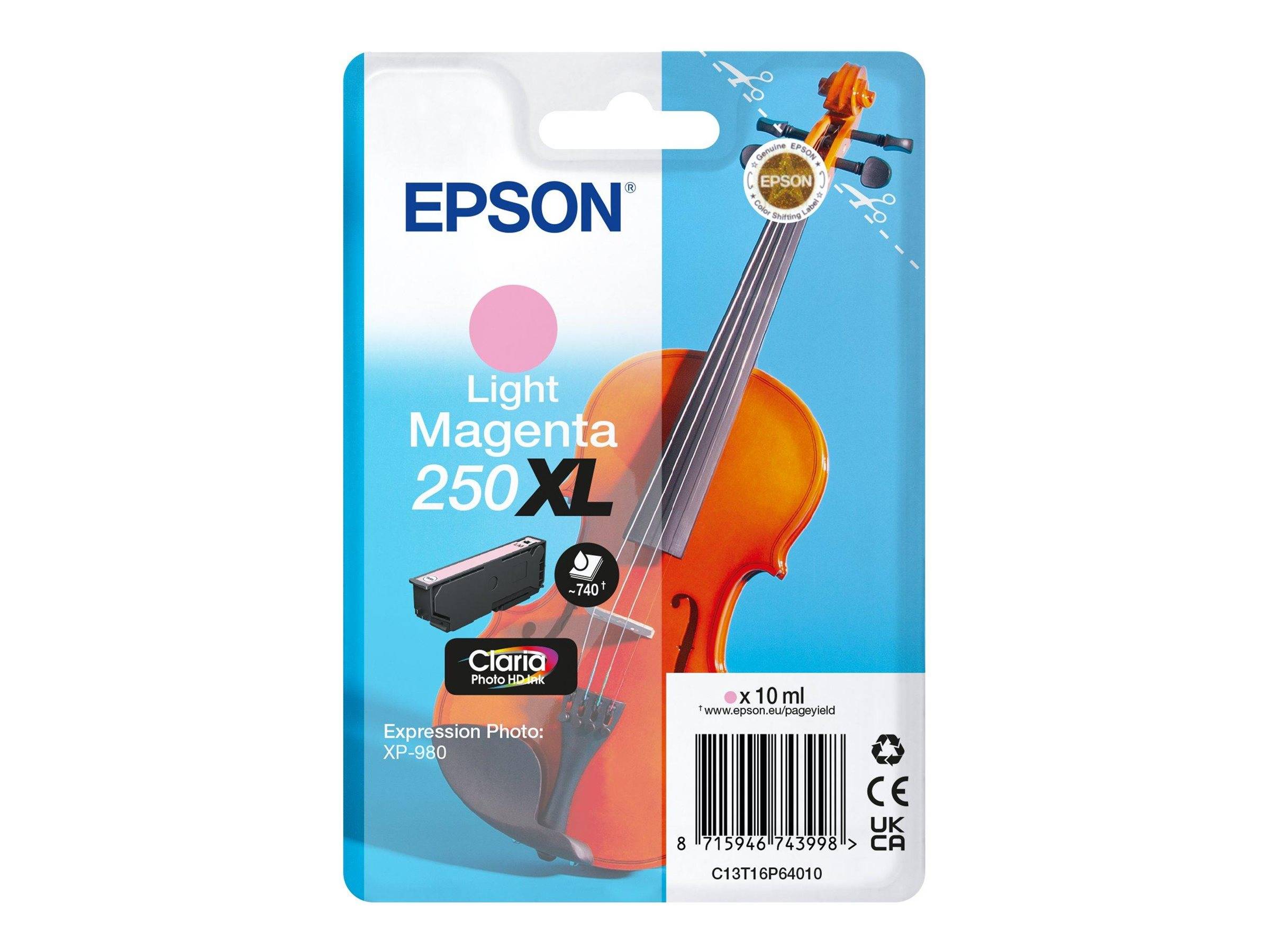 Epson Light Magenta 250XL Claria Photo Tintenpatrone Verpackung, gezeigt mit einer Violine-Grafik und Label „x 10 ml