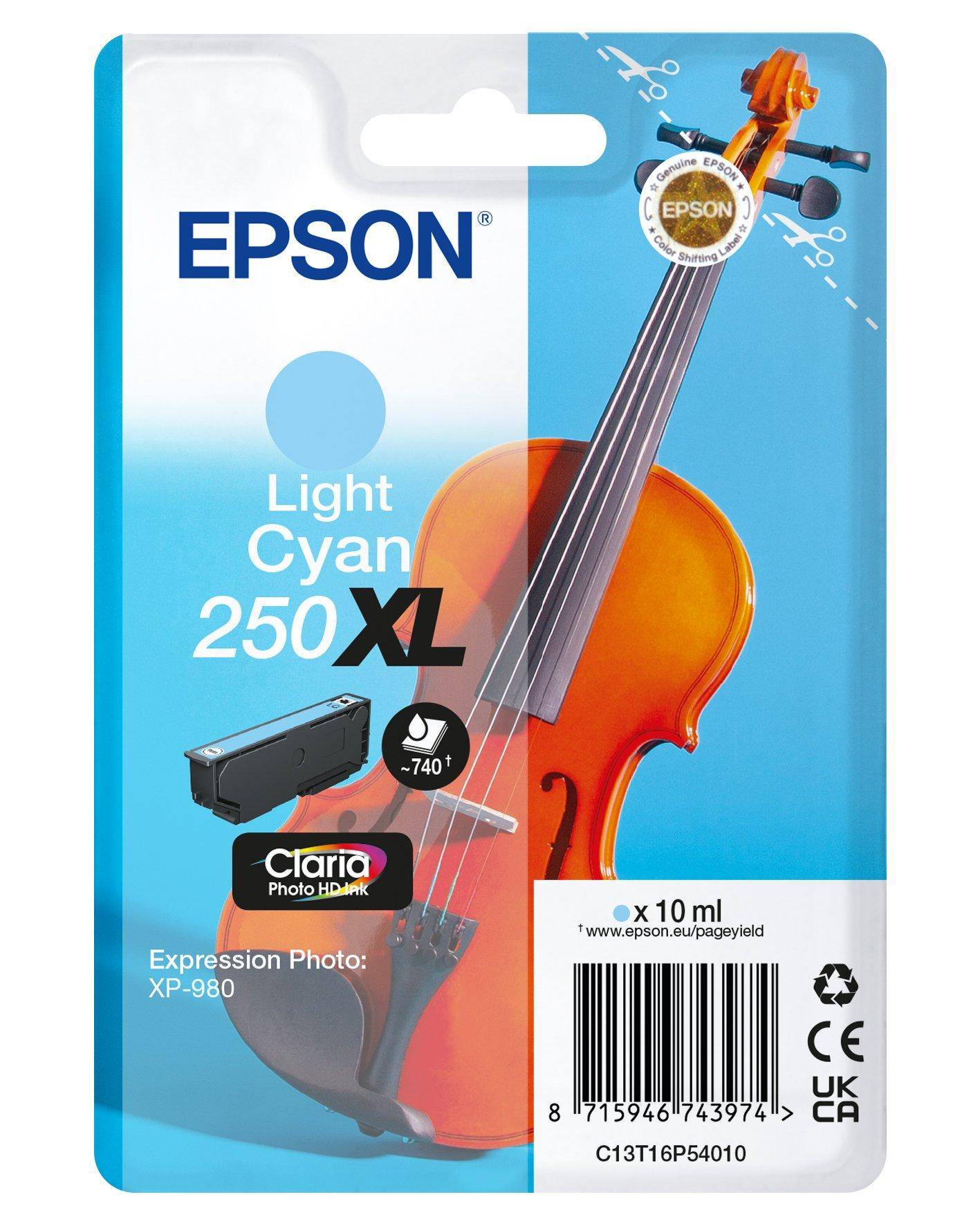 Epson Hellcyan 250 XL Tintenpatrone für Expression Photo XP-980, zeigt ein Violinenbild, 10 ml, Barcode und Kompatibilitätssymbole.
