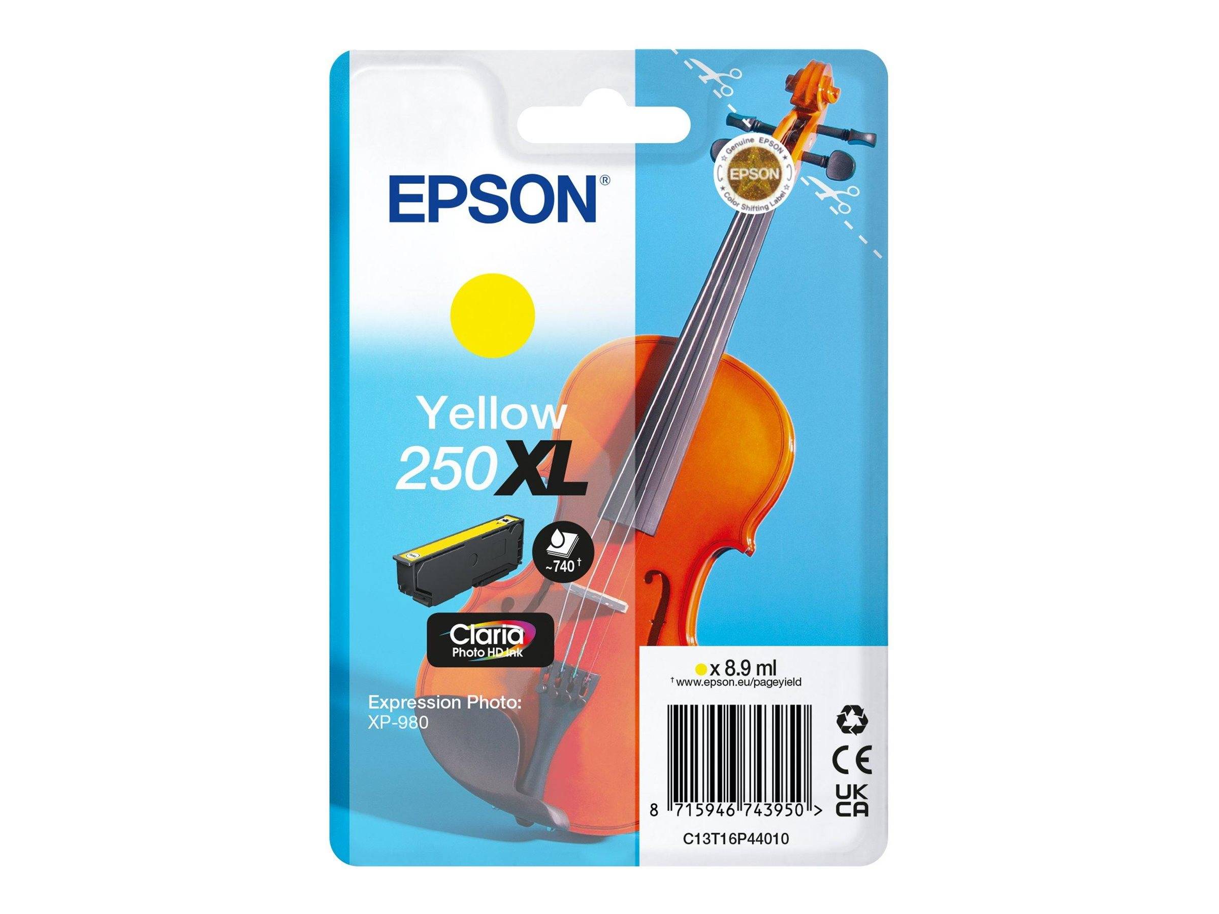 Epson Gelb 250XL Claria Fotobild Tintenpatrone für Expression Photo XP-960, mit gelbem Tintentank und Geigenbild, 8,9 ml.