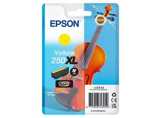 Epson Gelb 250XL Claria Photo HD Tintenpatrone für Expression Photo XP-960 Drucker, mit Violinenbild auf blau-weißer Schachtel.