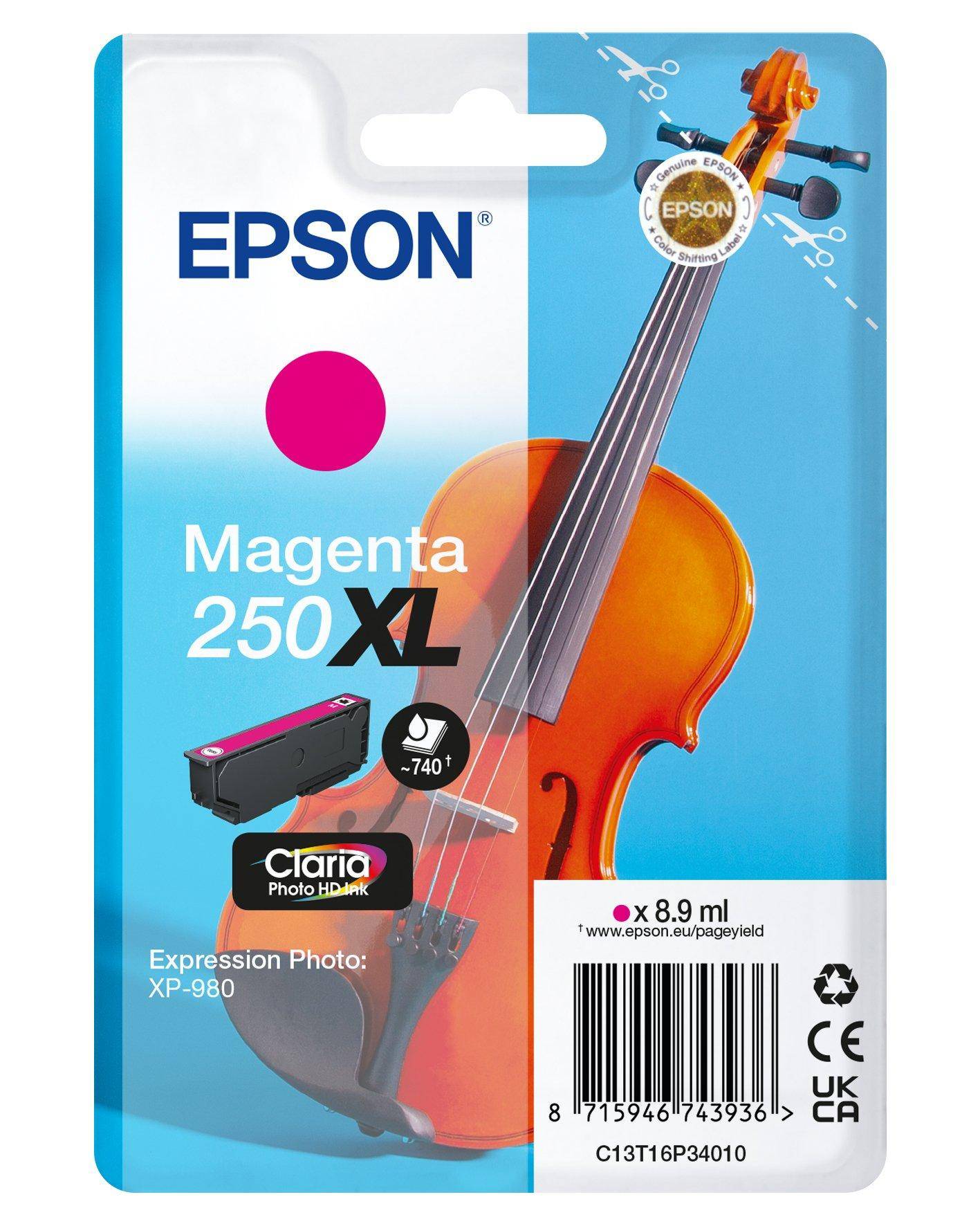 Epson Magenta 250XL Tintenpatrone Verpackung für Expression Photo XP-980, zeigt einen magentafarbenen Punkt, Patronenabbildung, 8,9 ml und Barcode.