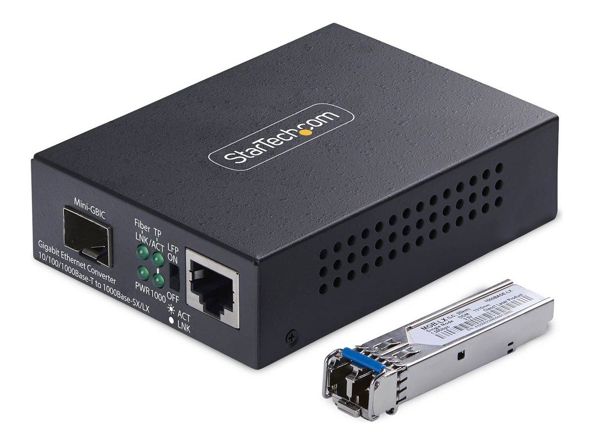 StarTech.com Mini-Gigabit-Ethernet-Glasfaser-Medienkonverter mit einem daneben abgebildeten SFP-Transceiver-Modul.