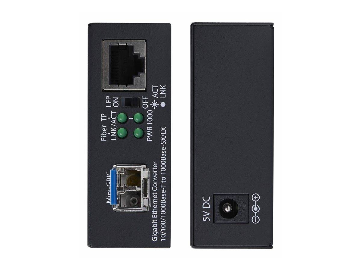 Front- und Seitenansichten eines Gigabit-Ethernet-Konverters mit RJ45- und Mini-GBIC-Anschlüssen, Status-LEDs und einer 5V-DC-Stromversorgungsbuchse.