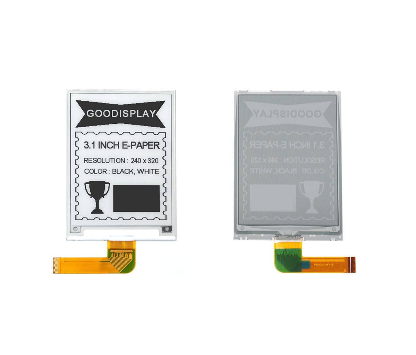 „E-Paper-Anzeigebildschirme zeigen Text: Goodisplay, 3,1 Zoll E-Paper, Auflösung: 240x320, Farbe: Schwarz, Weiß. Ein Bildschirm ist nach vorne ausgerichtet, der andere ist eine Rückansicht.