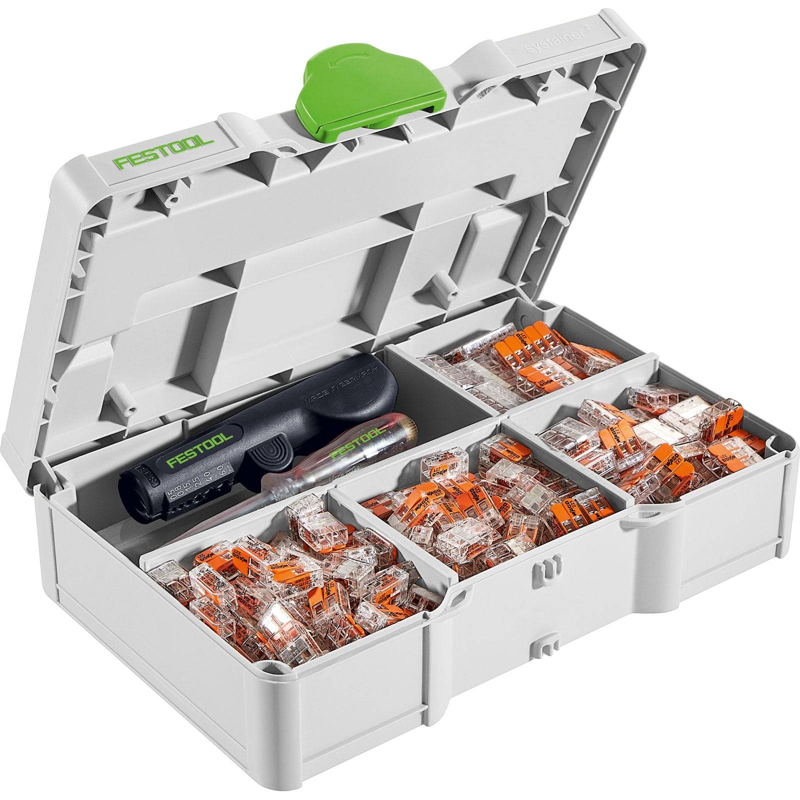 Eine offene graue Lagerkiste mit einem grünen Griff, die verschiedene Fachkammern mit kleinen orangefarbenen und transparenten Steckverbindern enthält.