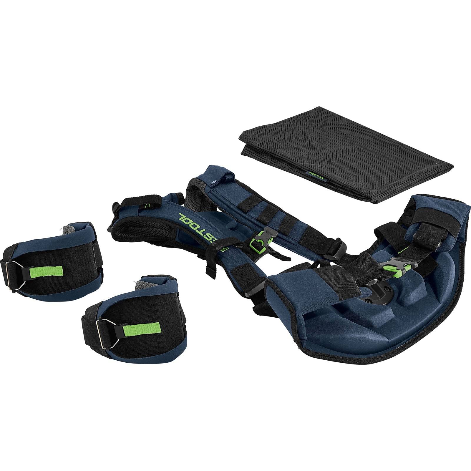Baumkletter-Sicherungssatz mit zwei gepolsterten Fußmanschetten und einem rechteckigen Stützpolster, entwickelt für Sicherheit und Komfort.