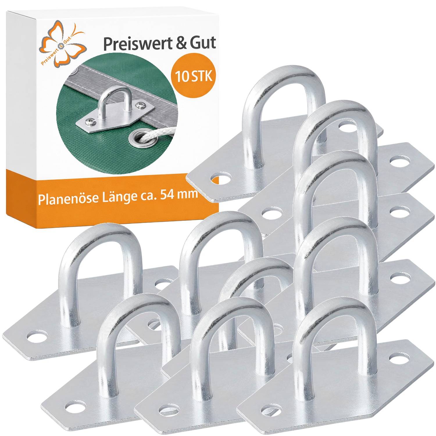Verpackung und Metall-U-förmige Montageklammern für eine Plane, gekennzeichnet mit 'Preiswert & Gut' mit 10 Stück.