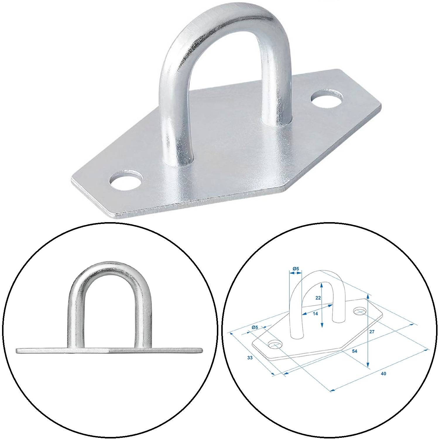 Metallische U-förmige Halterung mit flacher Basis, dargestellt in 3D mit Seiten- und technischen Ansichten, die Abmessungen hervorheben.