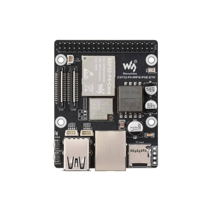 Eine Nahaufnahme einer schwarzen Leiterplatte mit der Bezeichnung 'Waveshare ESP32-PoE-WiFi-ETH' mit verschiedenen elektronischen Komponenten und Anschlüssen.