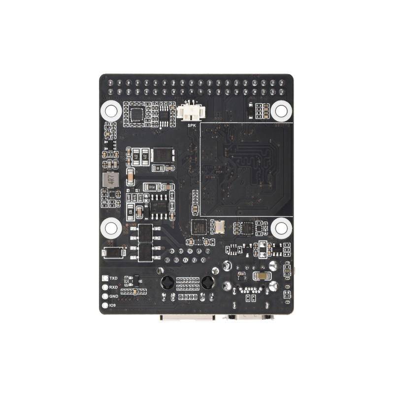 Eine schwarze Mikrocontroller-Platine mit verschiedenen elektronischen Komponenten, Steckverbindern und Anschlüssen, die für Hobby- und Prototyping-Projekte verwendet wird.